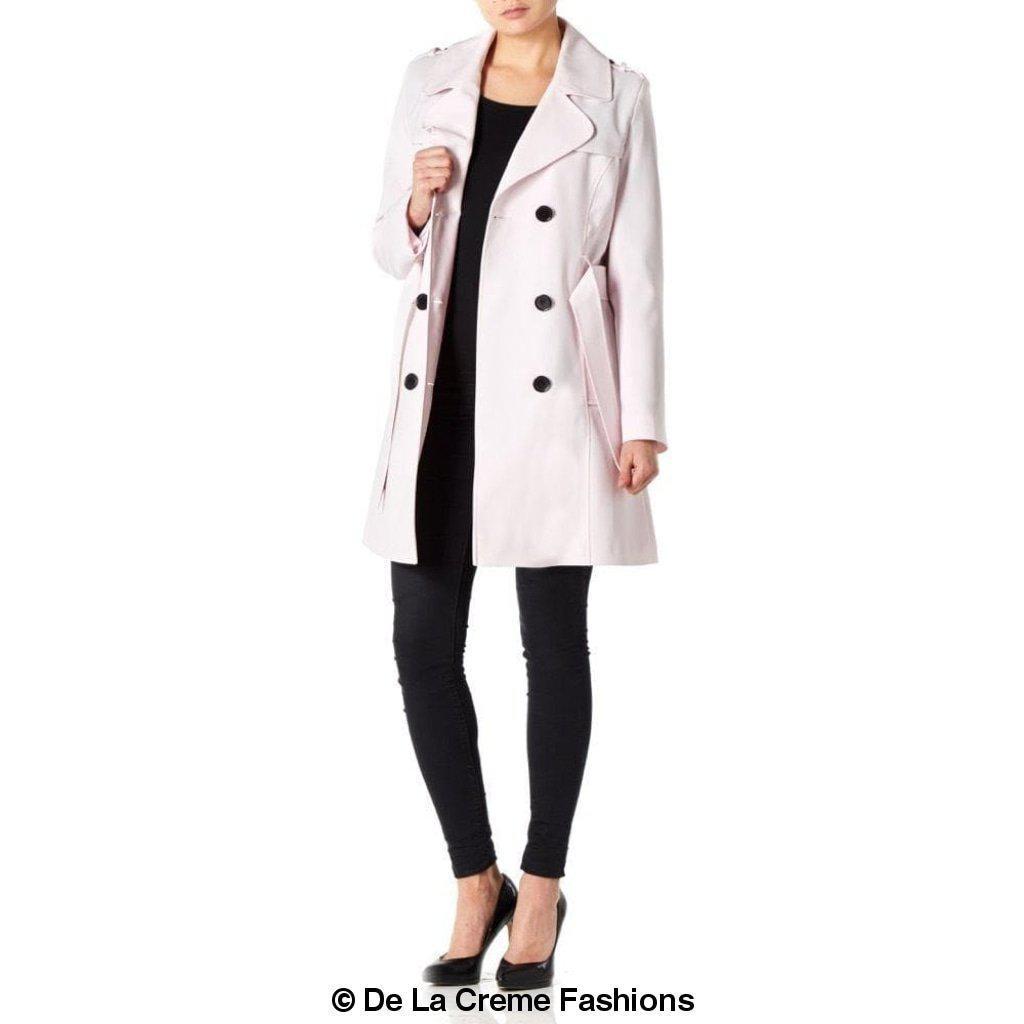 Women's Spring/Summer Military Double Breasted Trench Coat featuring epaulettes and side pockets, hip length design.