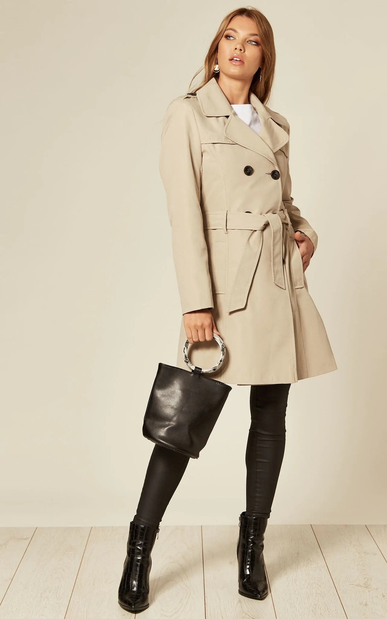 Women's Spring/Summer Military Double Breasted Trench Coat featuring epaulettes and side pockets, hip length design.