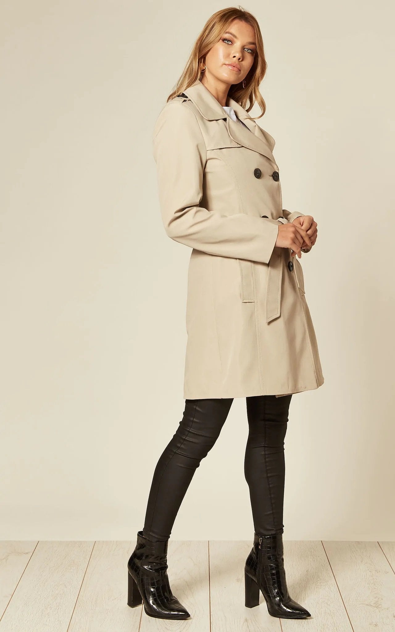 Women's Spring/Summer Military Double Breasted Trench Coat featuring epaulettes and side pockets, hip length design.