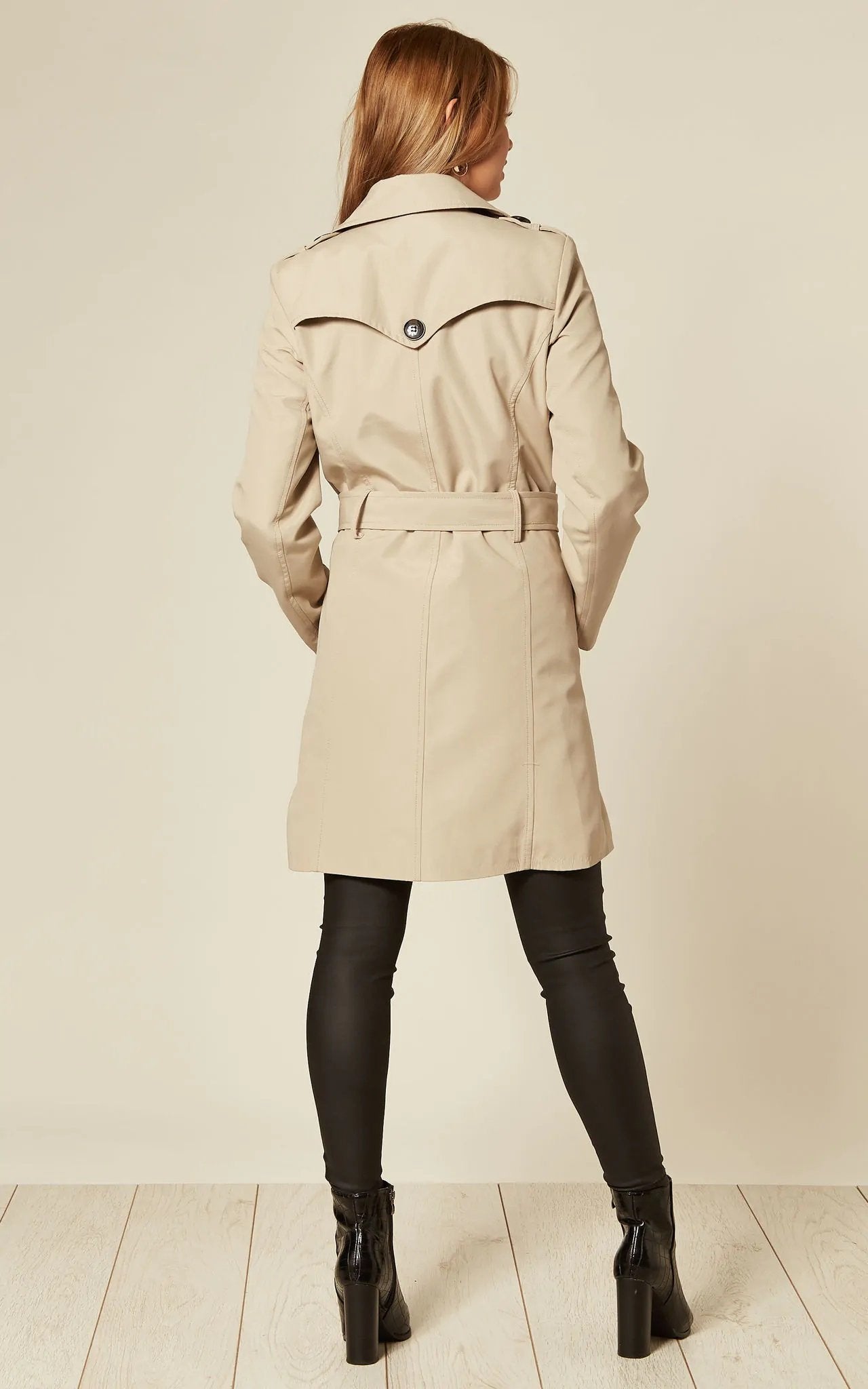 Women's Spring/Summer Military Double Breasted Trench Coat featuring epaulettes and side pockets, hip length design.