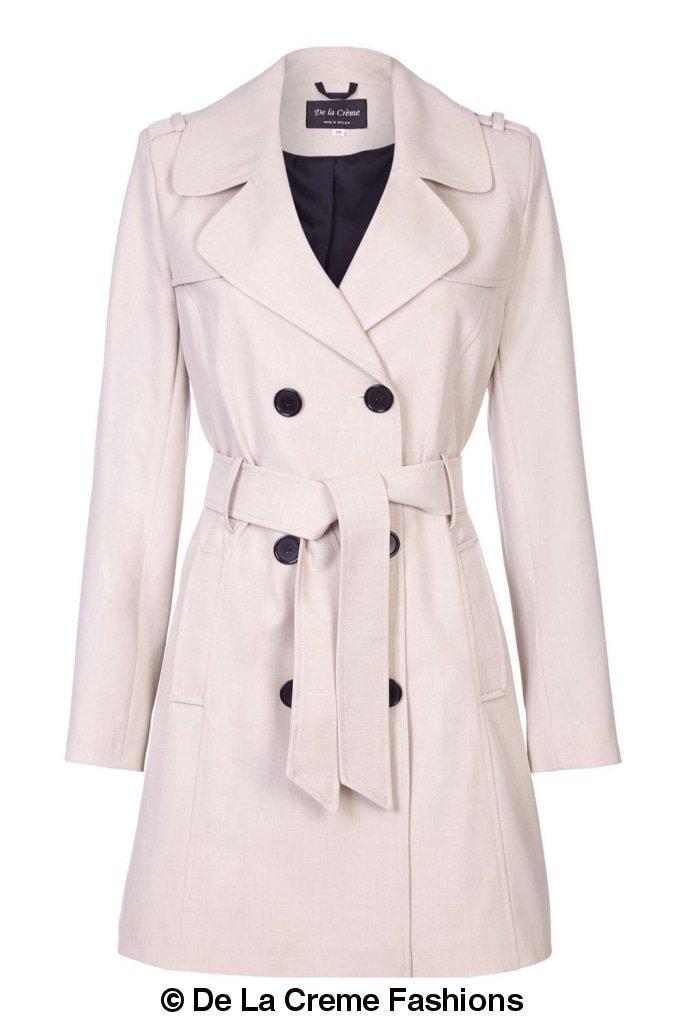 Women's Spring/Summer Military Double Breasted Trench Coat featuring epaulettes and side pockets, hip length design.