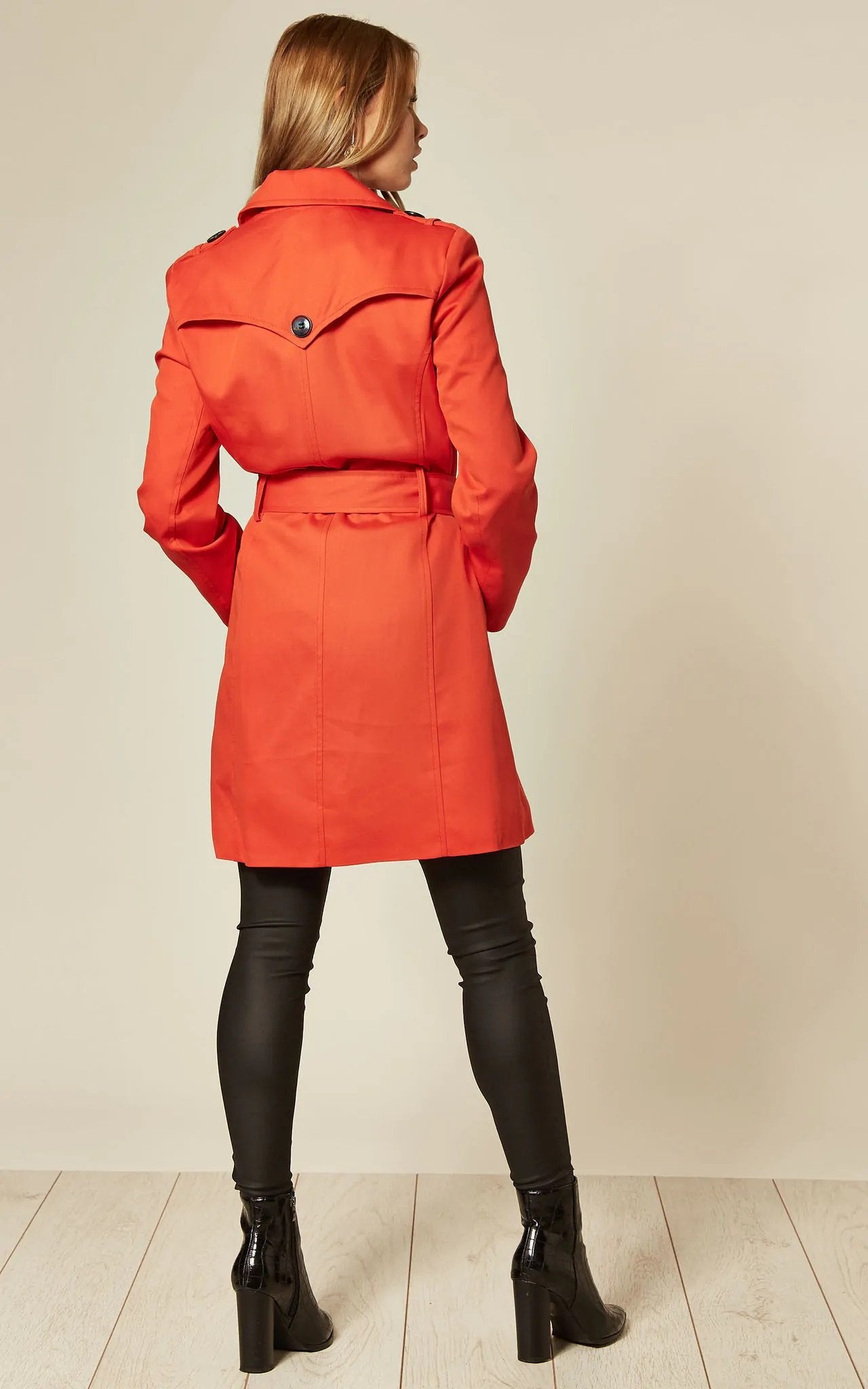 Women's Spring/Summer Military Double Breasted Trench Coat featuring epaulettes and side pockets, hip length design.