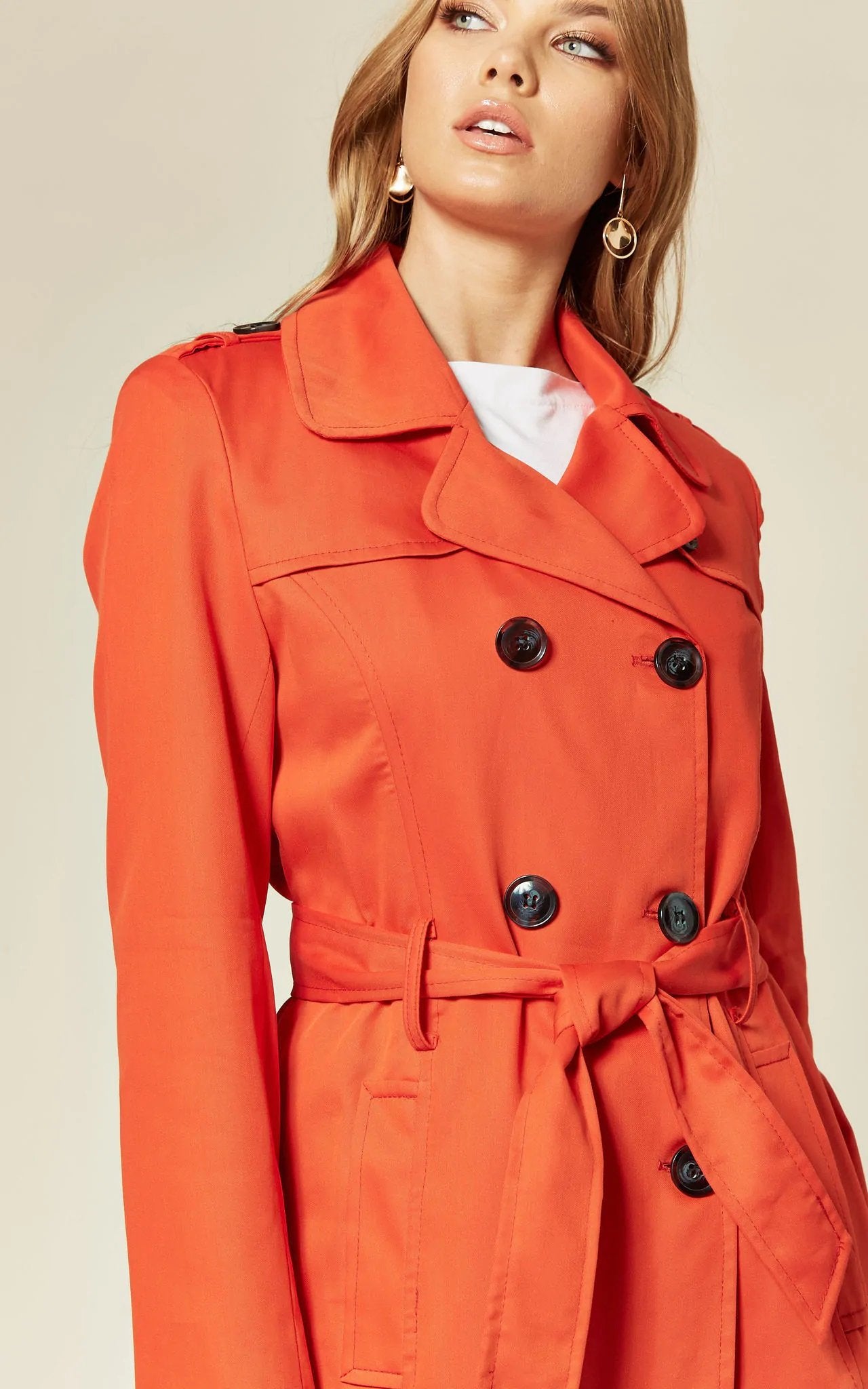 Women's Spring/Summer Military Double Breasted Trench Coat featuring epaulettes and side pockets, hip length design.