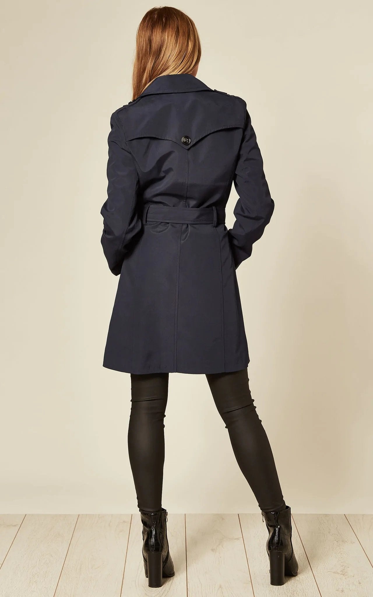 Women's Spring/Summer Military Double Breasted Trench Coat featuring epaulettes and side pockets, hip length design.