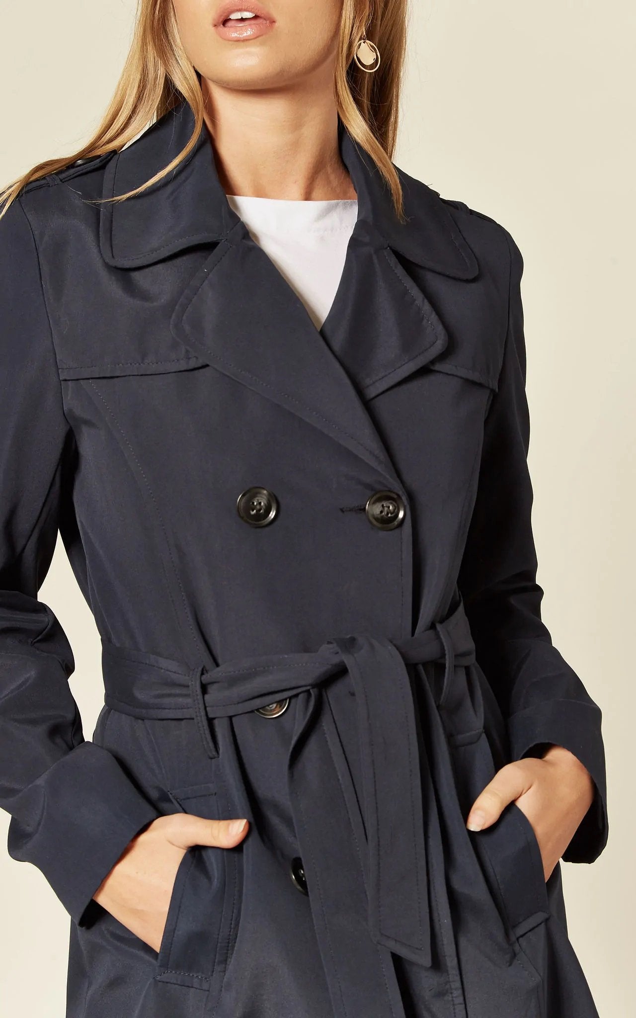 Women's Spring/Summer Military Double Breasted Trench Coat featuring epaulettes and side pockets, hip length design.