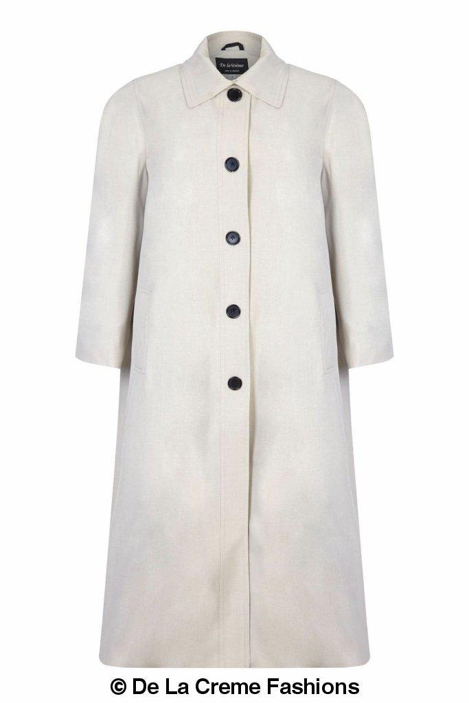 Spring/Summer Plus Size Long Coat in Black, featuring single breasted fastening and two side pockets, designed for sizes UK 14-24.