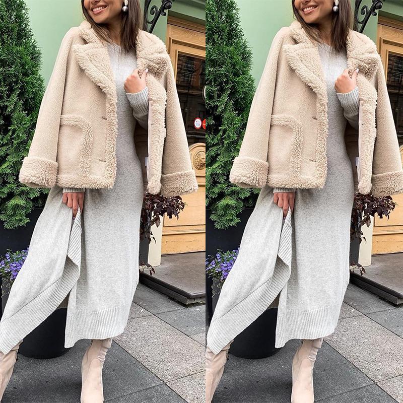 A stylish streetwear leather fur coat for women, featuring a chic faux fur design, single-breasted closure, and elegant turn-down collar, perfect for winter.