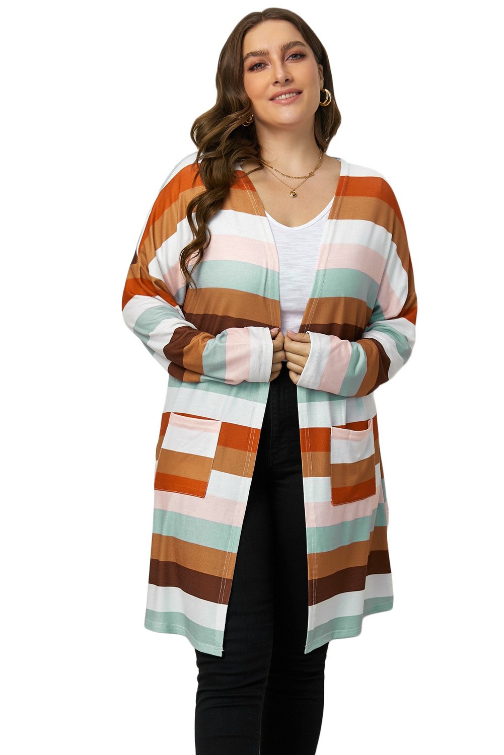 A stylish brown stripe plus size cardigan with full sleeves and pockets, perfect for layering in spring and autumn.