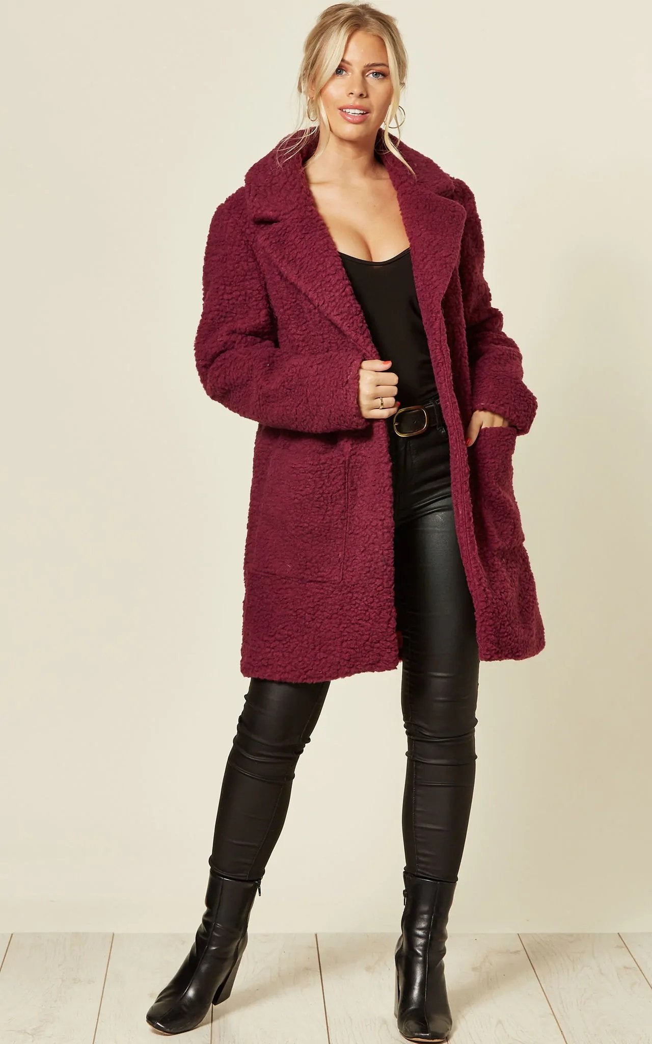 Oversized hip-length Stud Button Borg Teddy Coat with plush teddy finish, featuring popper button fastening and side pockets.