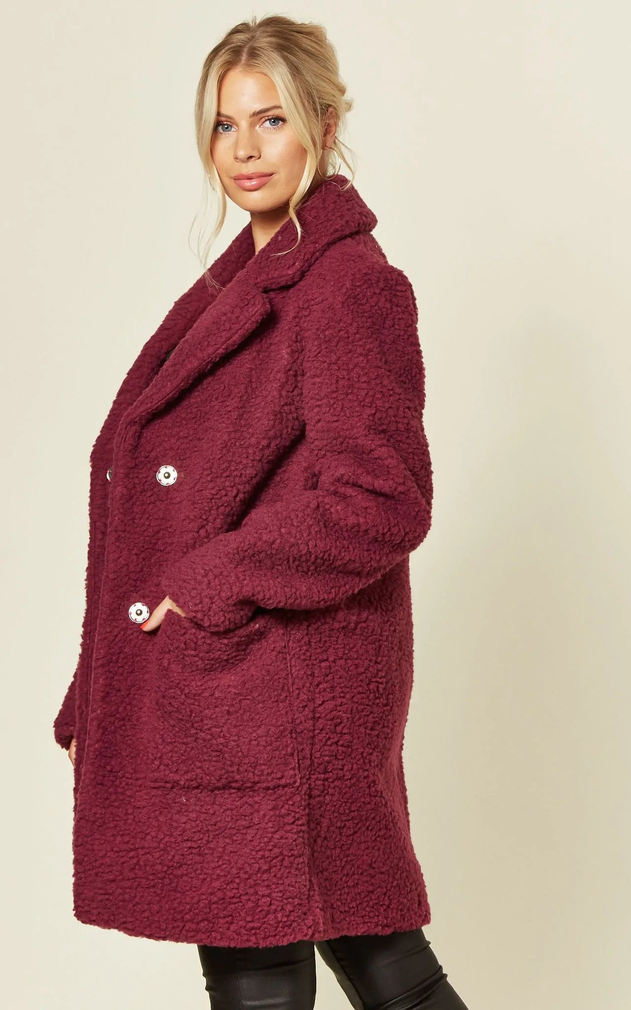 Oversized hip-length Stud Button Borg Teddy Coat with plush teddy finish, featuring popper button fastening and side pockets.