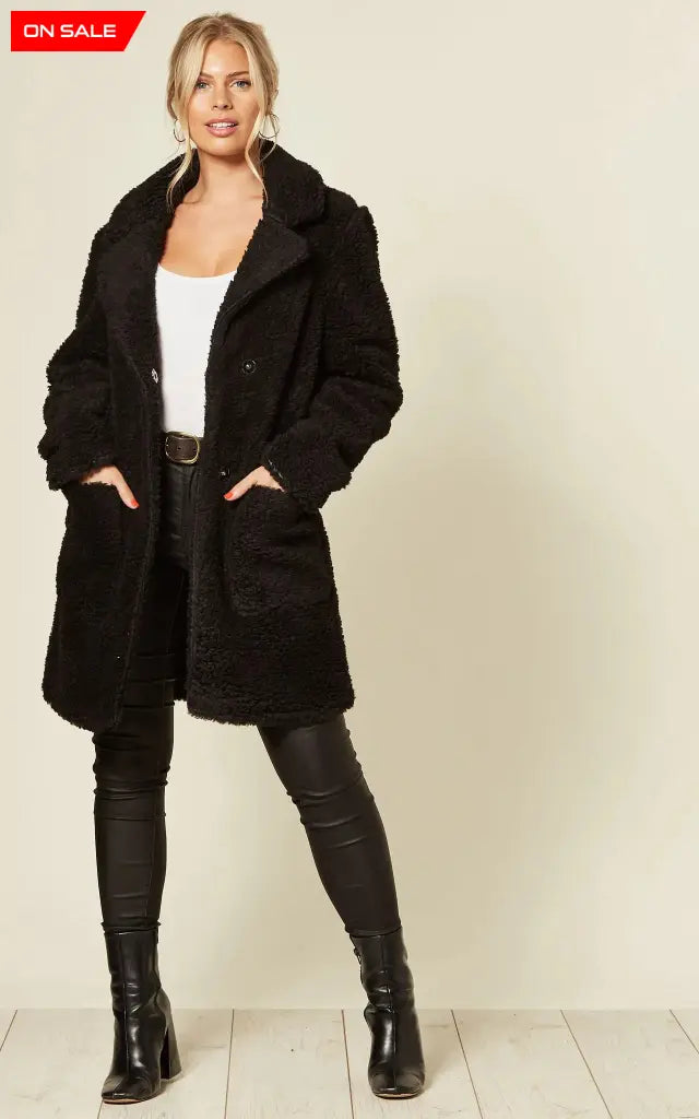 Oversized hip-length Stud Button Borg Teddy Coat with plush teddy finish, featuring popper button fastening and side pockets.