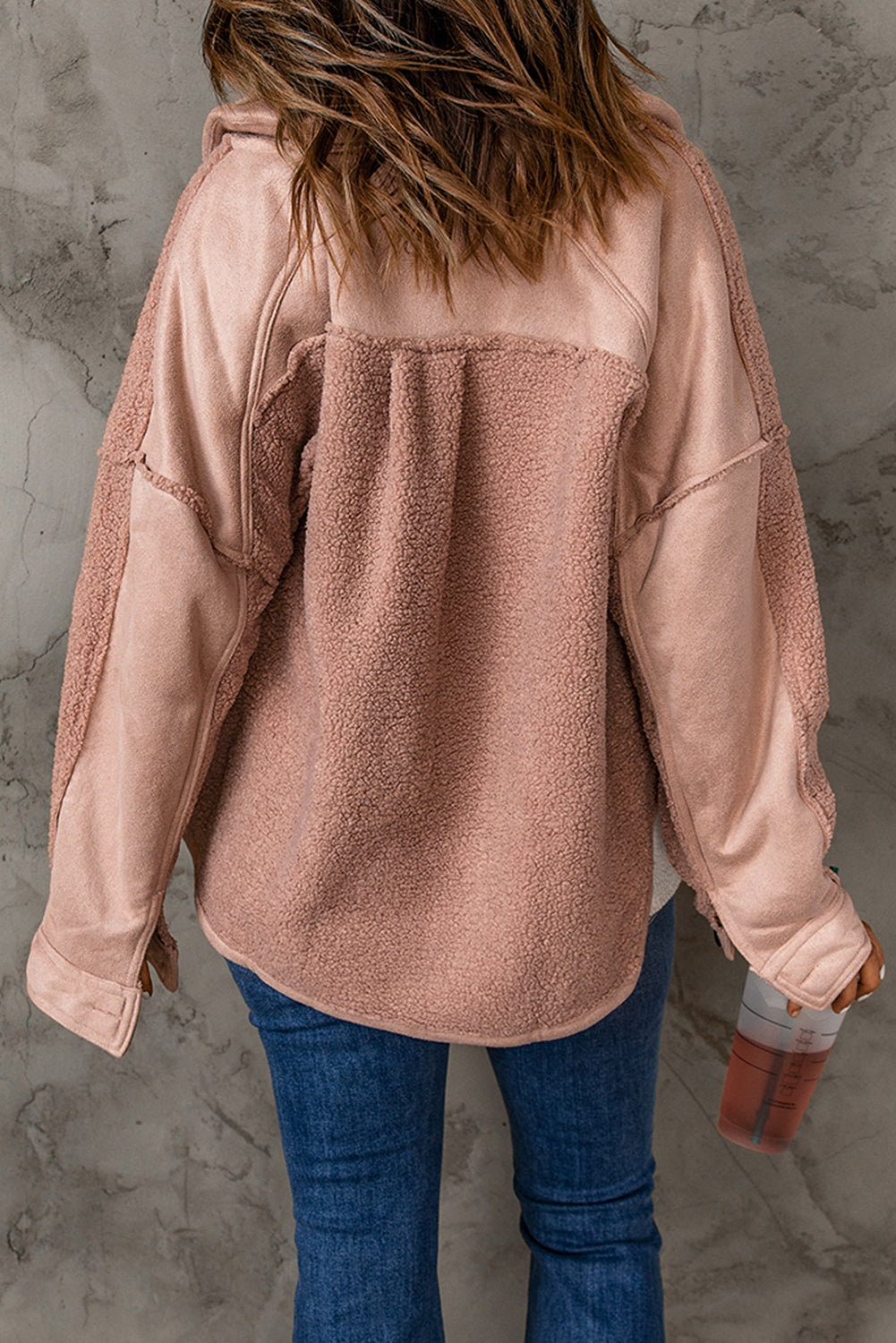 A stylish Suede Sherpa Loose Jacket in a casual oversized design, featuring a turn-down collar and full sleeves, perfect for winter wear.