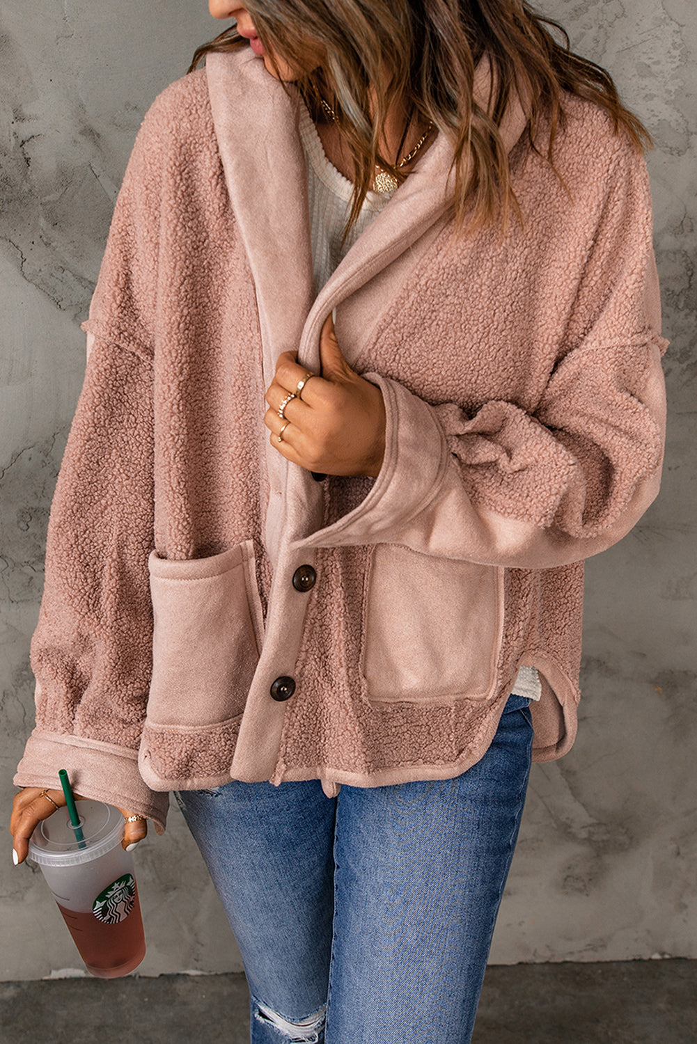 A stylish Suede Sherpa Loose Jacket in a casual oversized design, featuring a turn-down collar and full sleeves, perfect for winter wear.