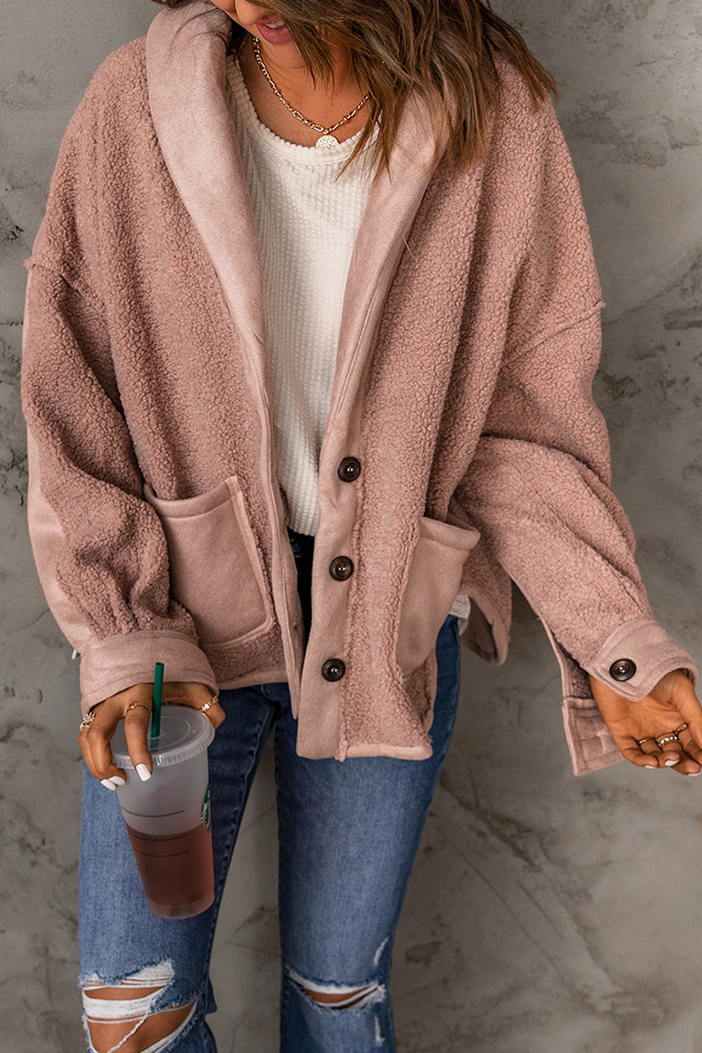 A stylish Suede Sherpa Loose Jacket in a casual oversized design, featuring a turn-down collar and full sleeves, perfect for winter wear.