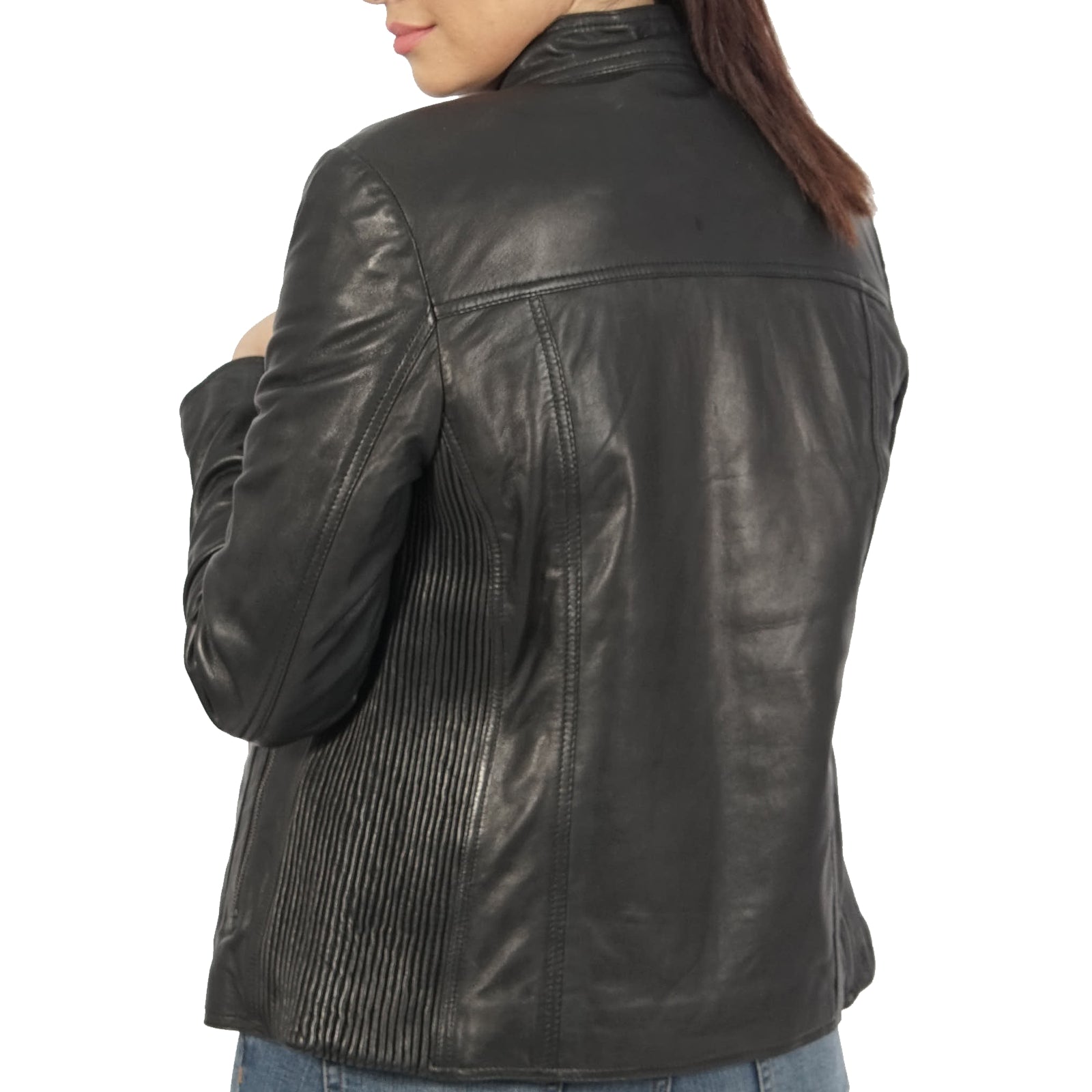 Sylvia Biker Black Leather Jacket featuring a two-tone finish, ribbed sides, and buckle collar, showcasing its stylish design and premium quality.