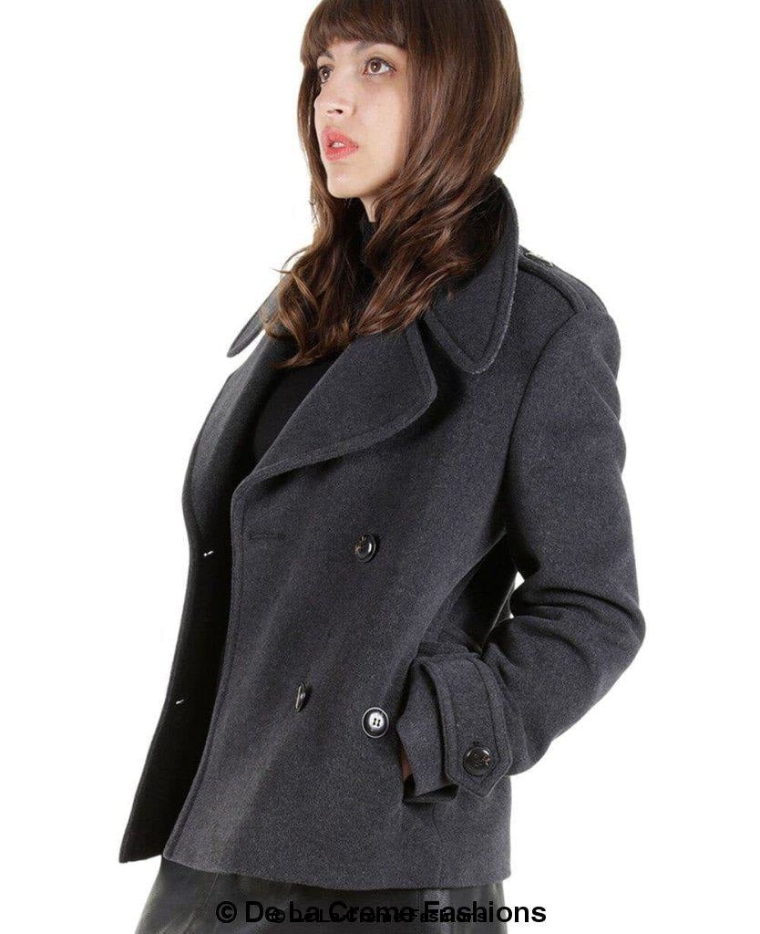 Tailored Harris Tweed Contrast Short Pea Coat featuring a large collar, designer buttons, and satin lining, showcasing a luxurious wool and cashmere blend.