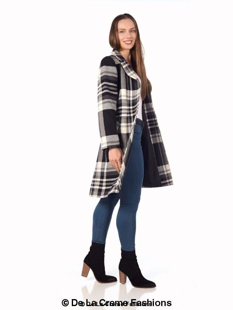 A stylish Tartan Check Single Breasted Coat featuring exaggerated notch lapels and front patch pockets, available in multiple colors.