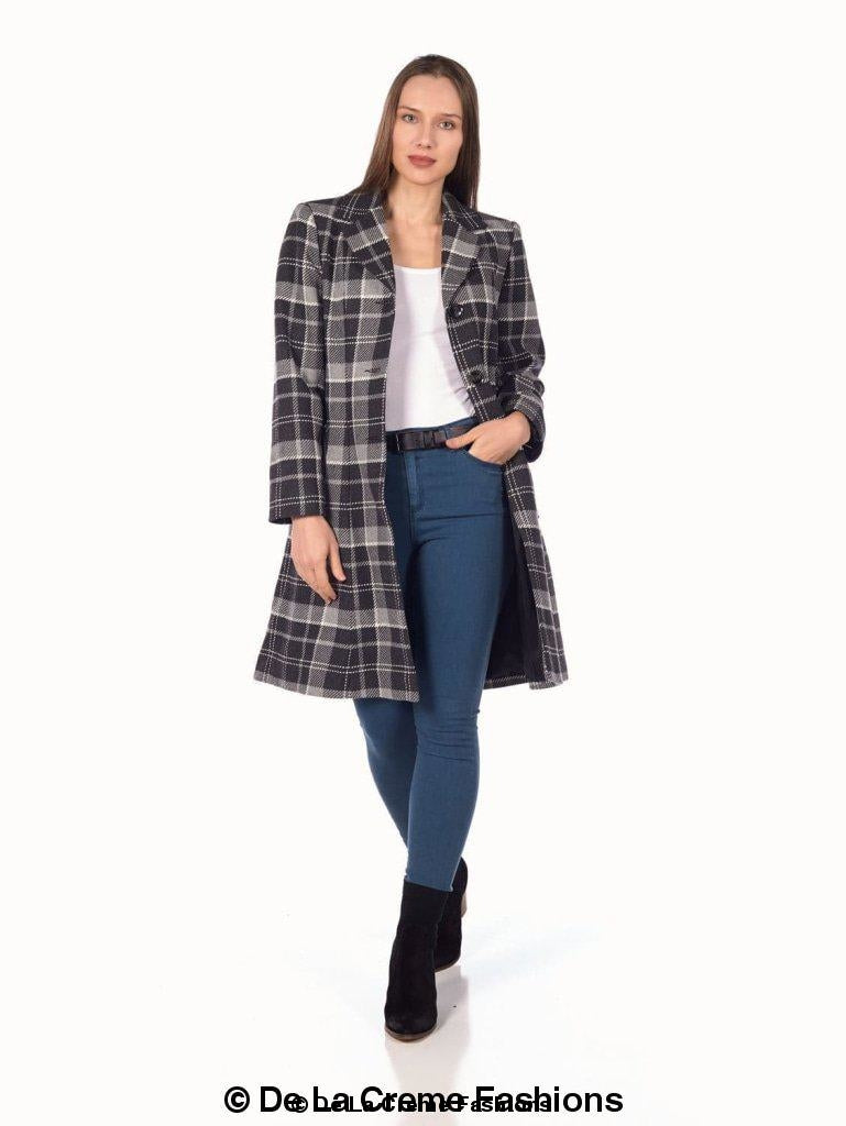 A stylish Tartan Check Single Breasted Coat featuring exaggerated notch lapels and front patch pockets, available in multiple colors.