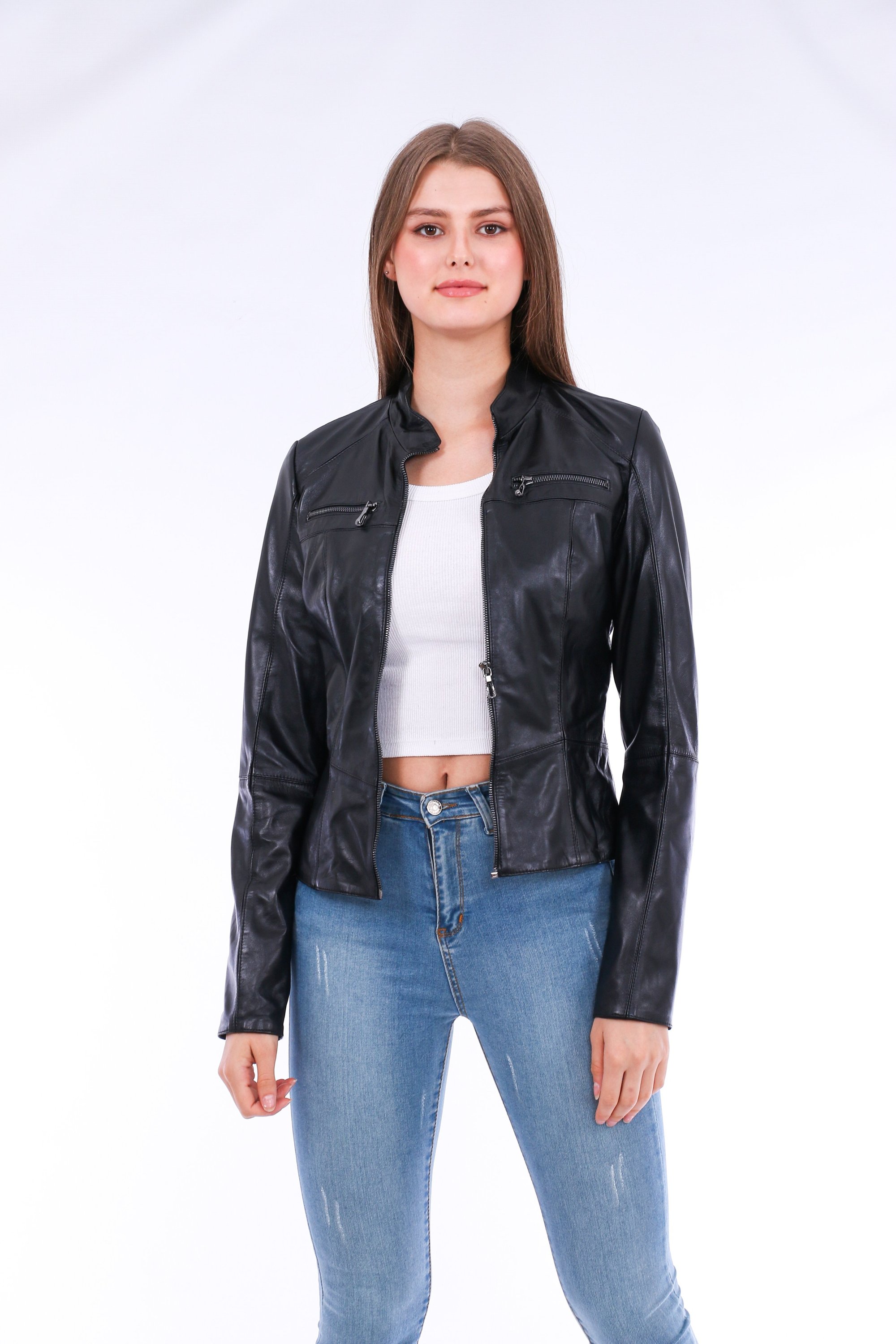 Venici Leather Biker Jacket made from premium sheepskin, featuring a classic biker design with a front zip closure and two side flap pockets.