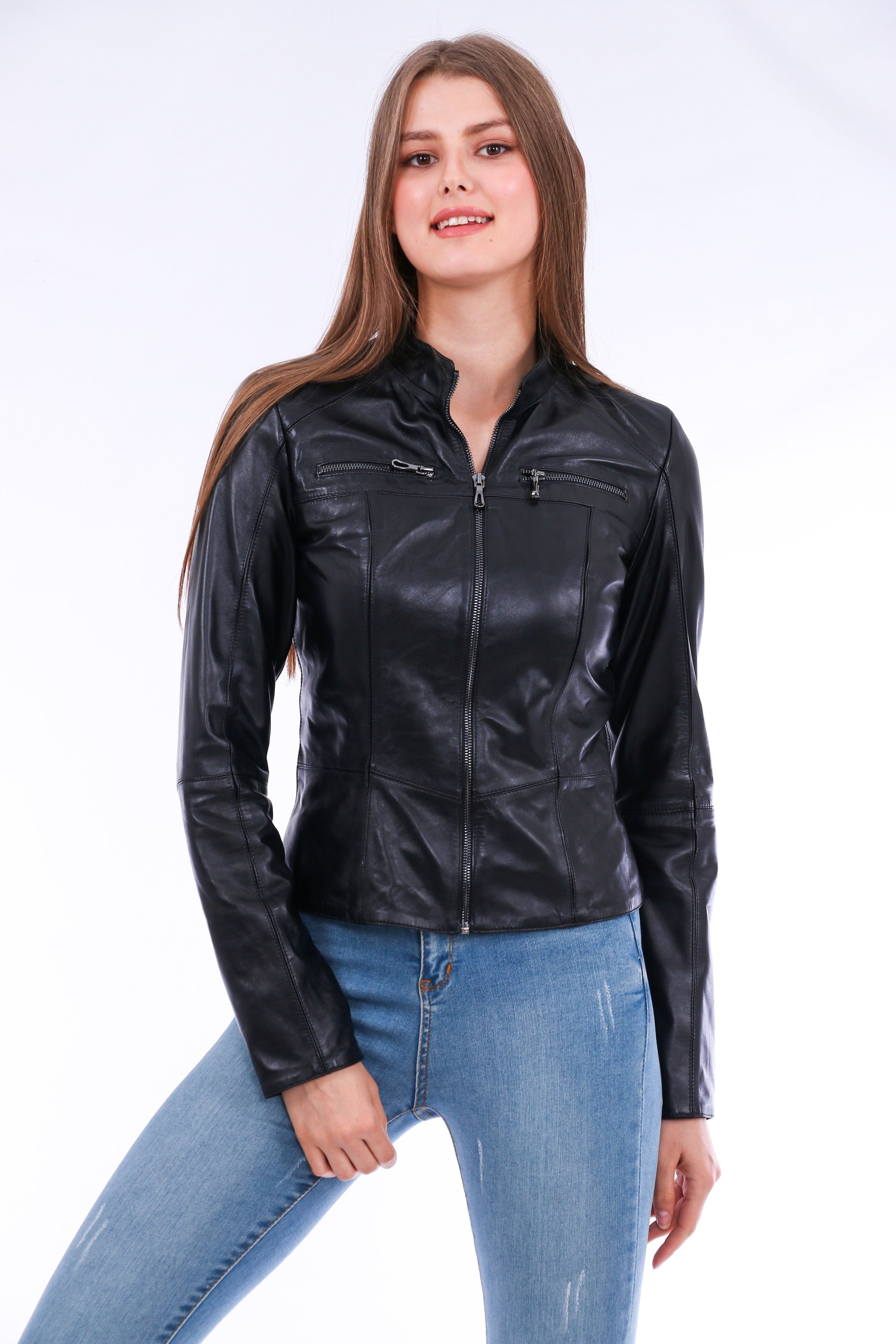 Venici Leather Biker Jacket made from premium sheepskin, featuring a classic biker design with a front zip closure and two side flap pockets.