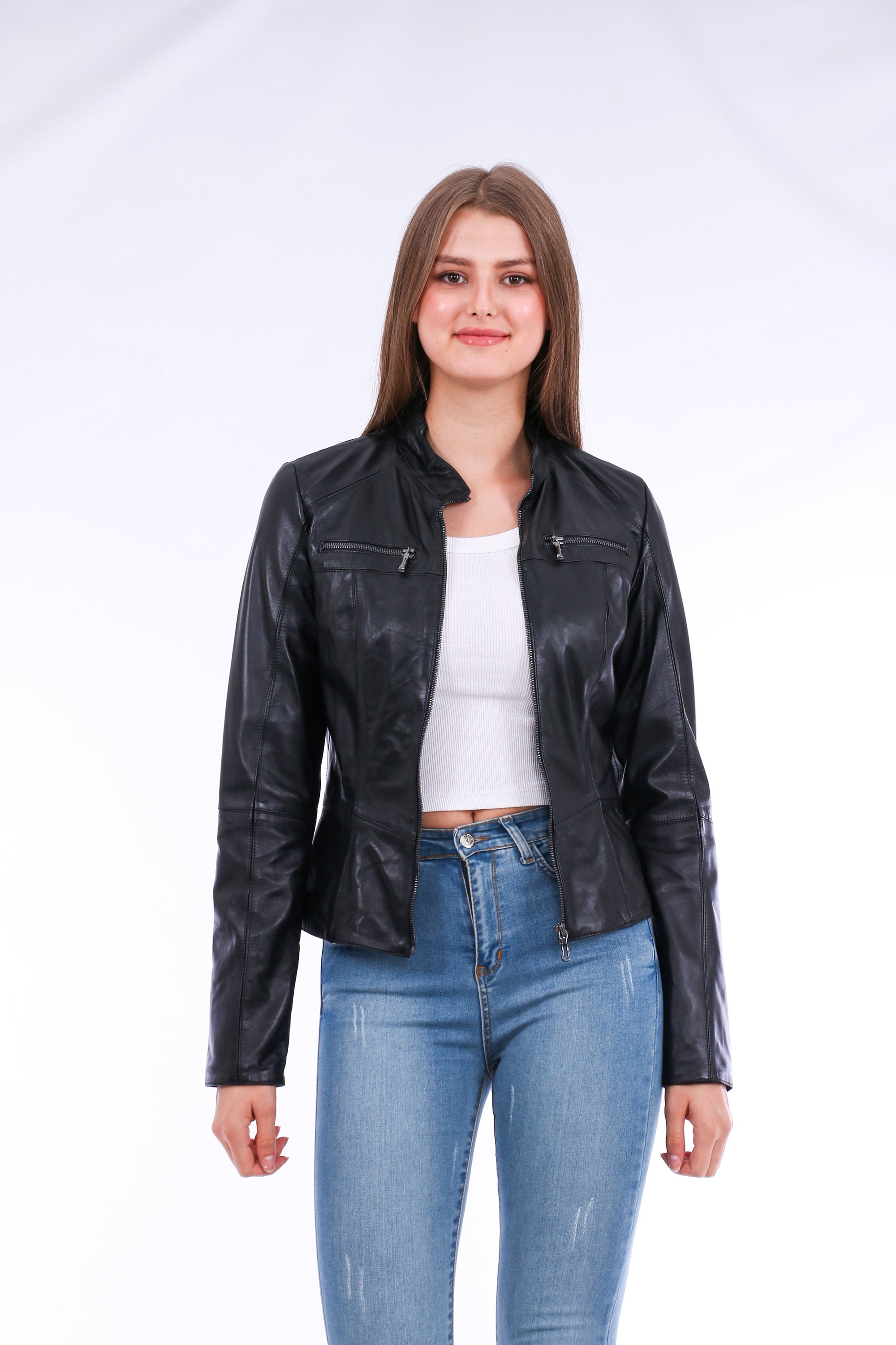 Venici Leather Biker Jacket made from premium sheepskin, featuring a classic biker design with a front zip closure and two side flap pockets.