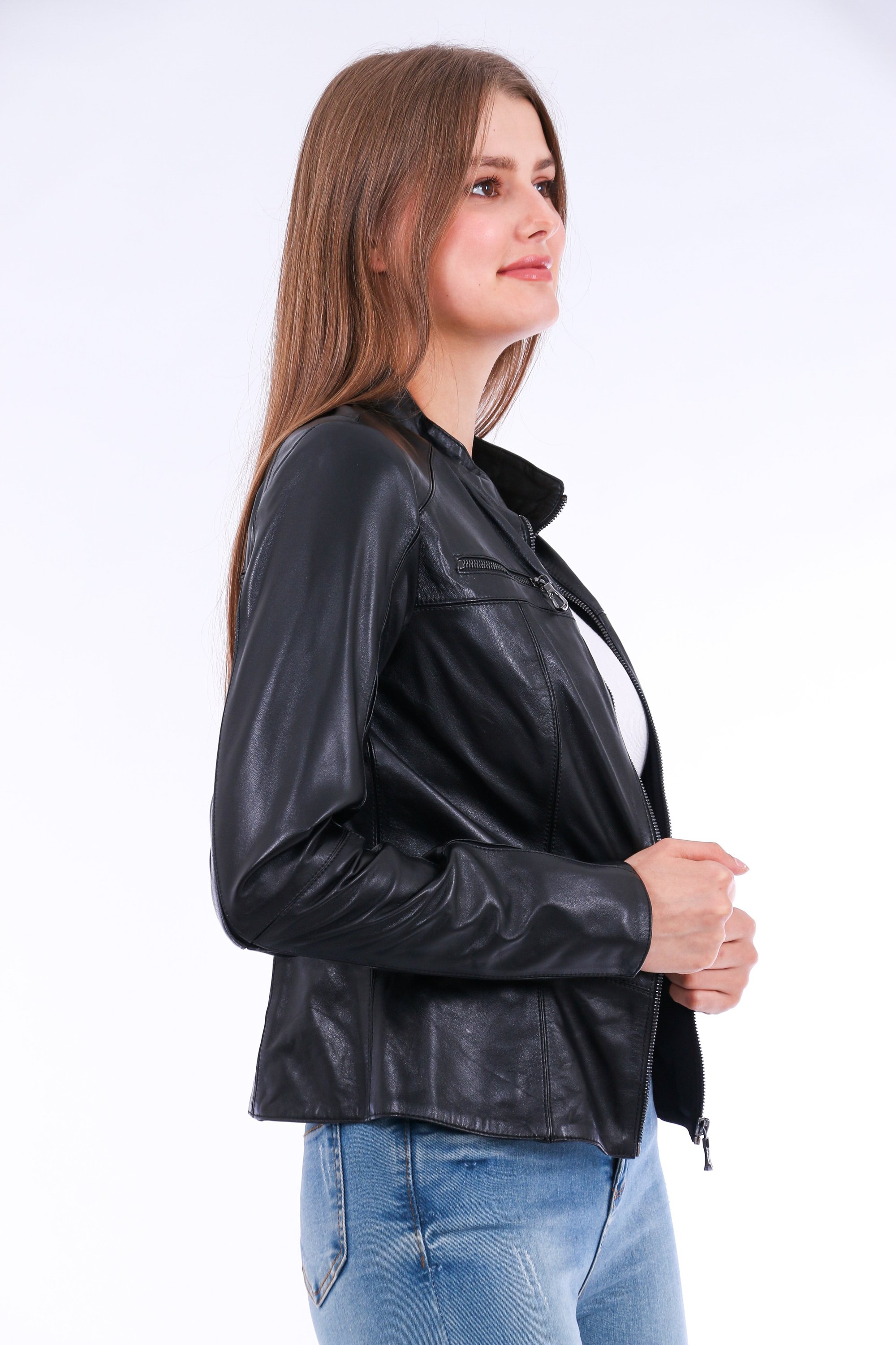 Venici Leather Biker Jacket made from premium sheepskin, featuring a classic biker design with a front zip closure and two side flap pockets.