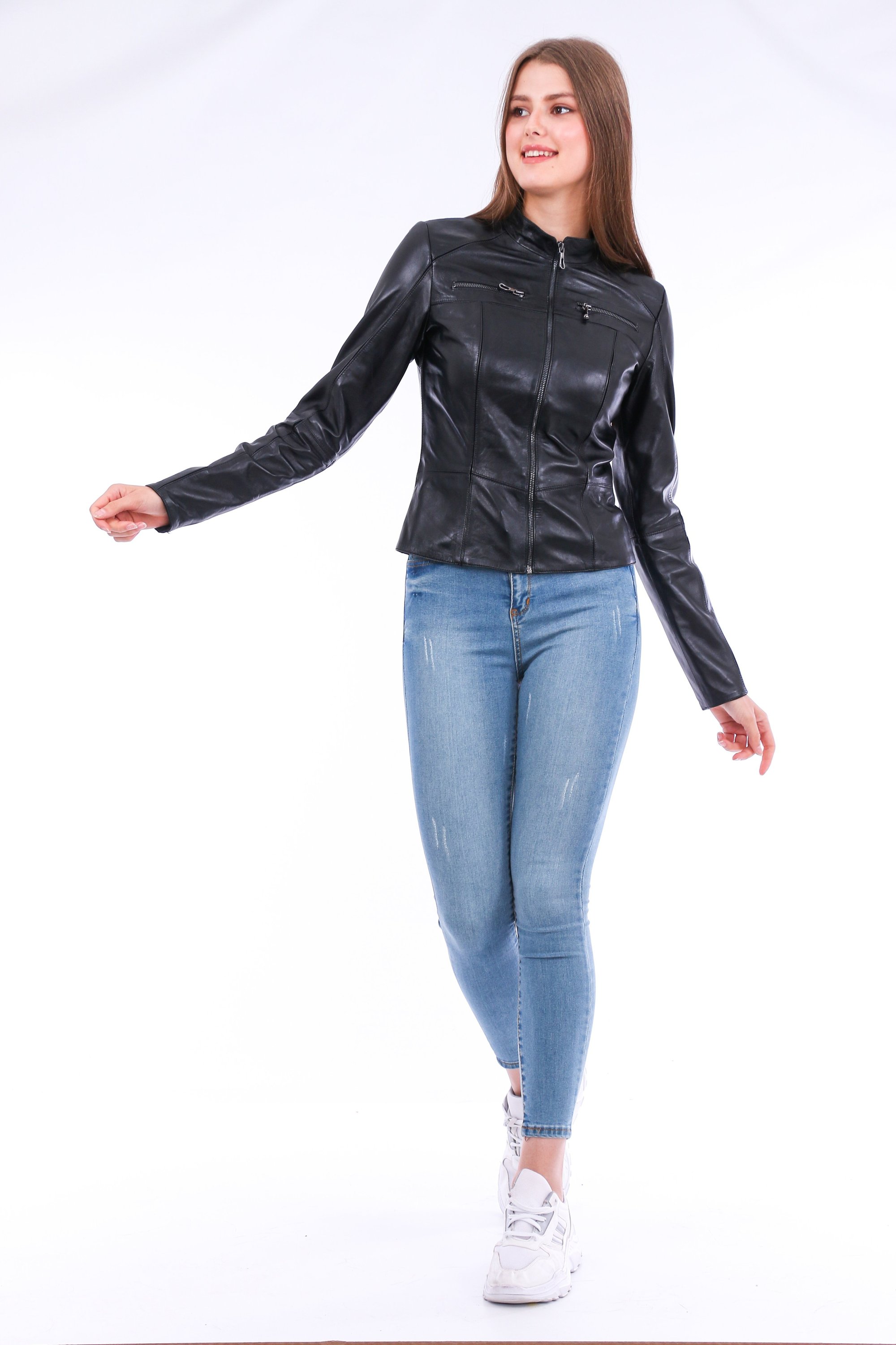 Venici Leather Biker Jacket made from premium sheepskin, featuring a classic biker design with a front zip closure and two side flap pockets.