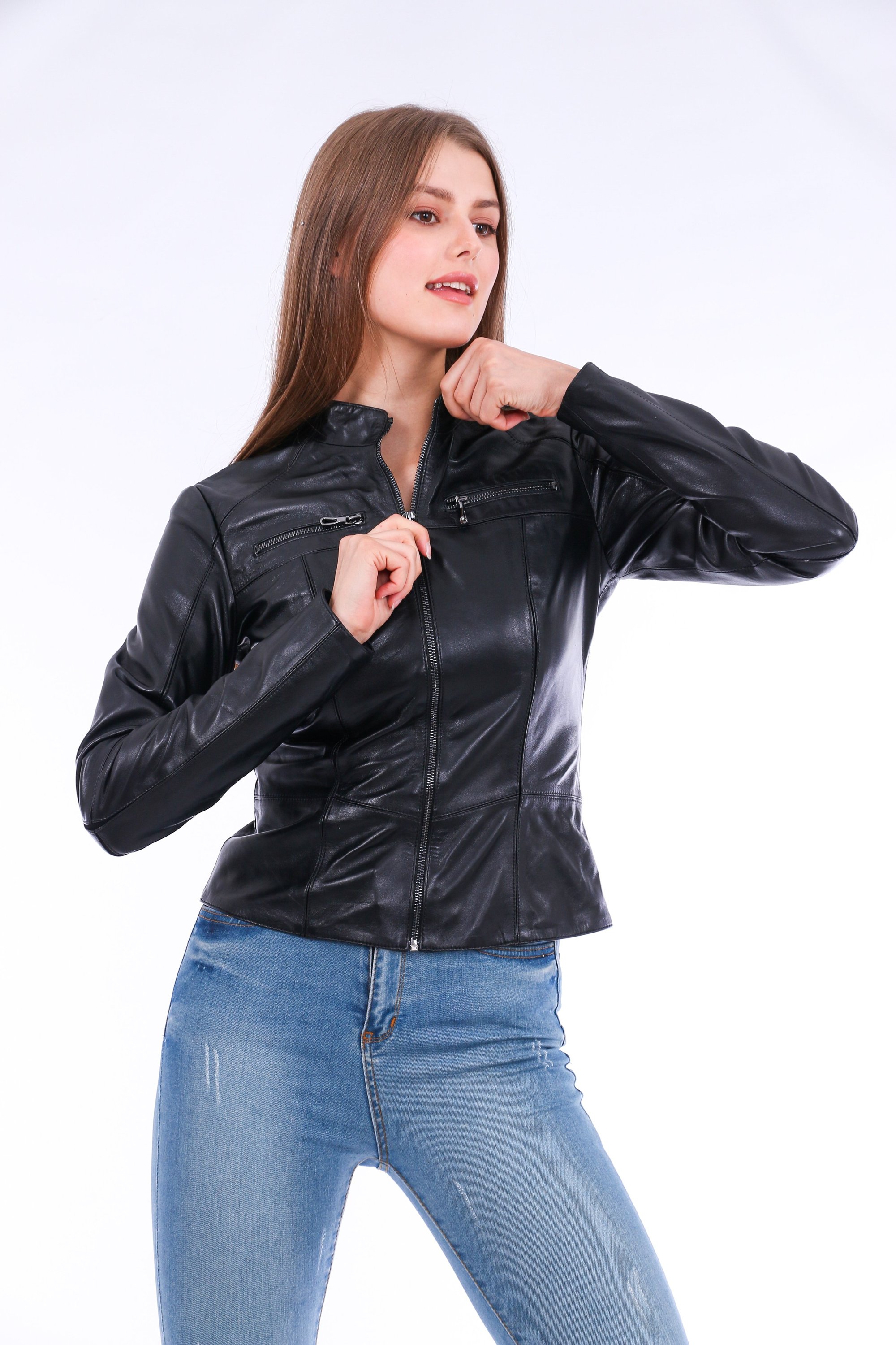 Venici Leather Biker Jacket made from premium sheepskin, featuring a classic biker design with a front zip closure and two side flap pockets.