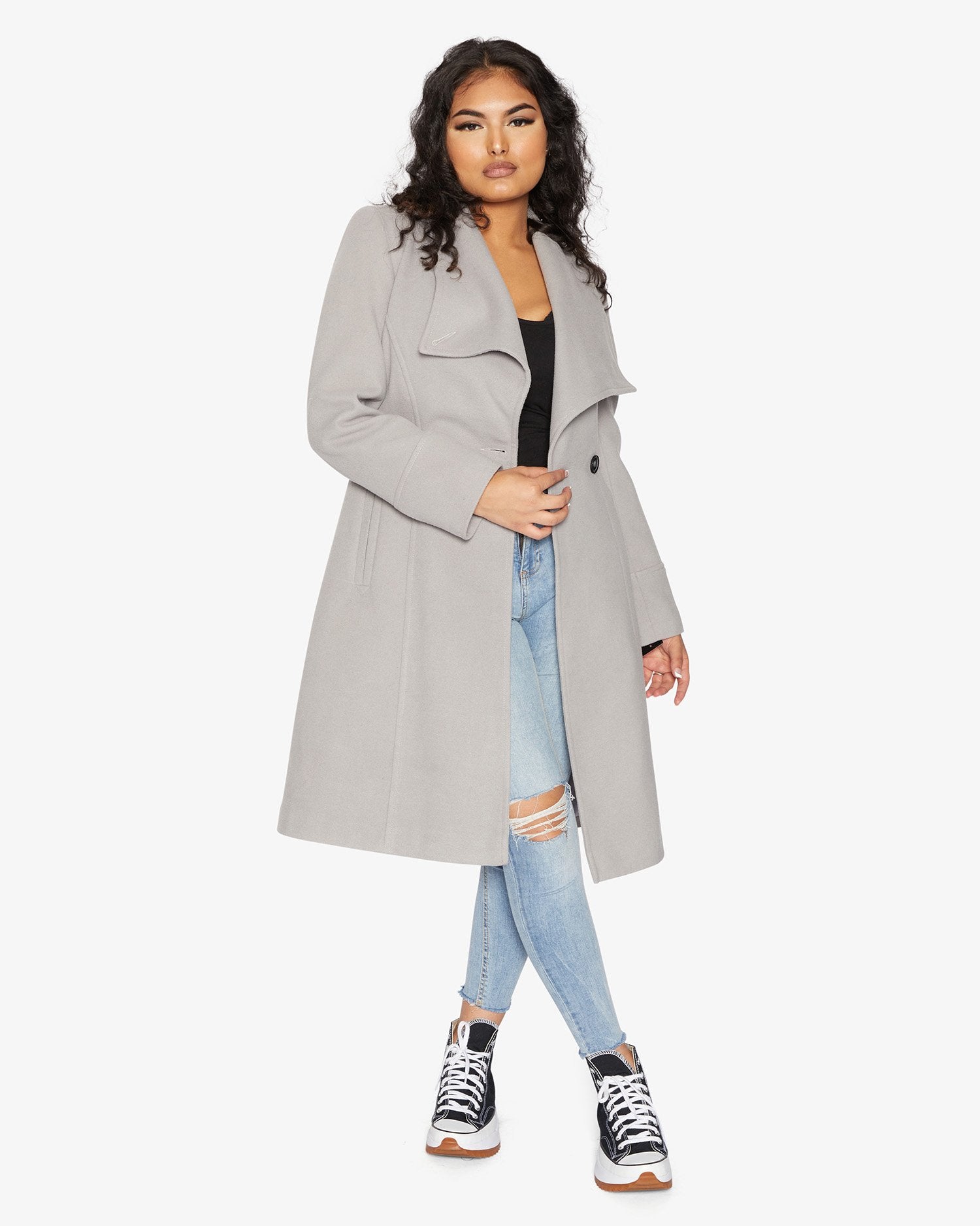 Elegant Waterfall Lapel Double Breasted Duster Coat in a stylish design with a belt and large lapels.