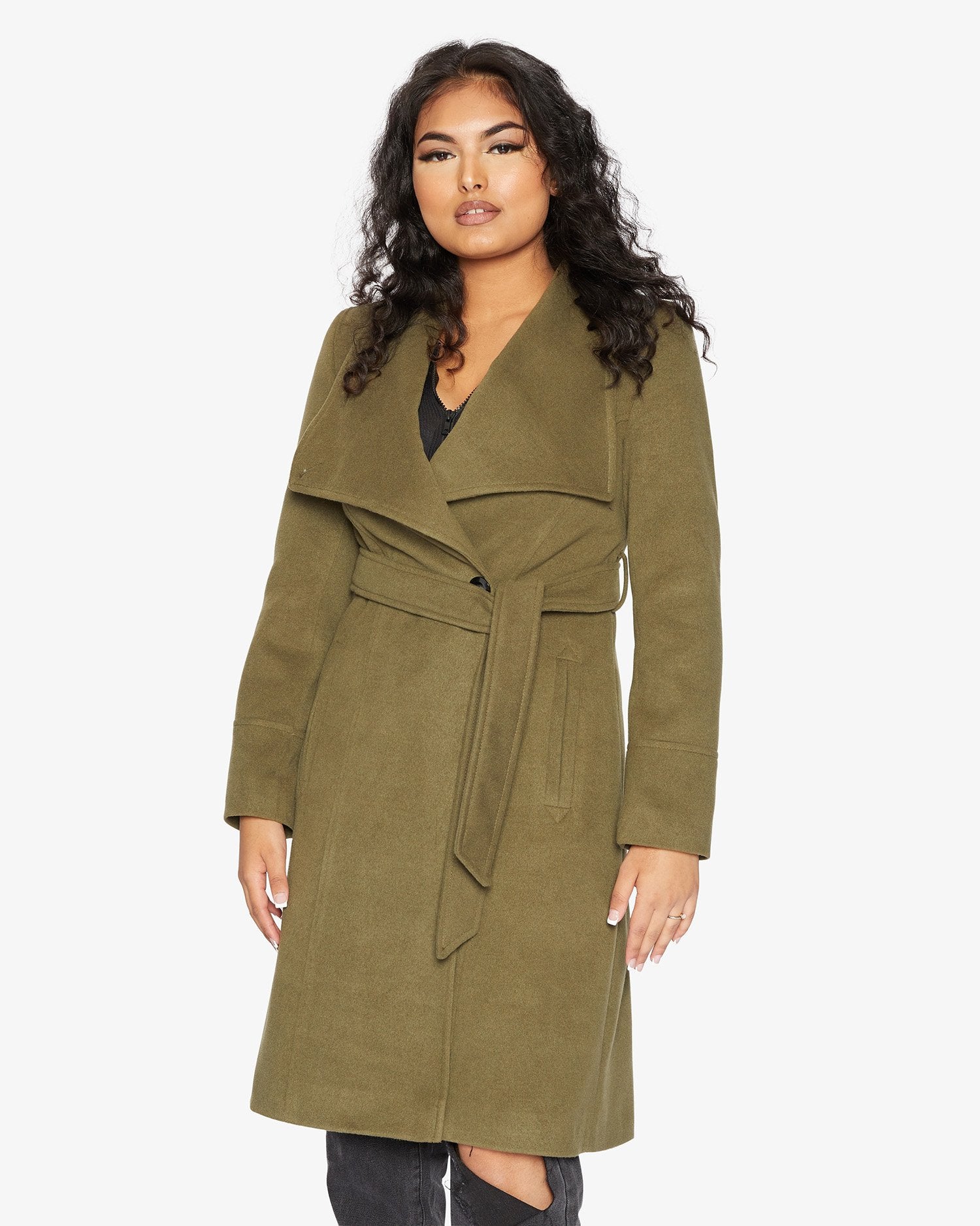 Elegant Waterfall Lapel Double Breasted Duster Coat in a stylish design with a belt and large lapels.