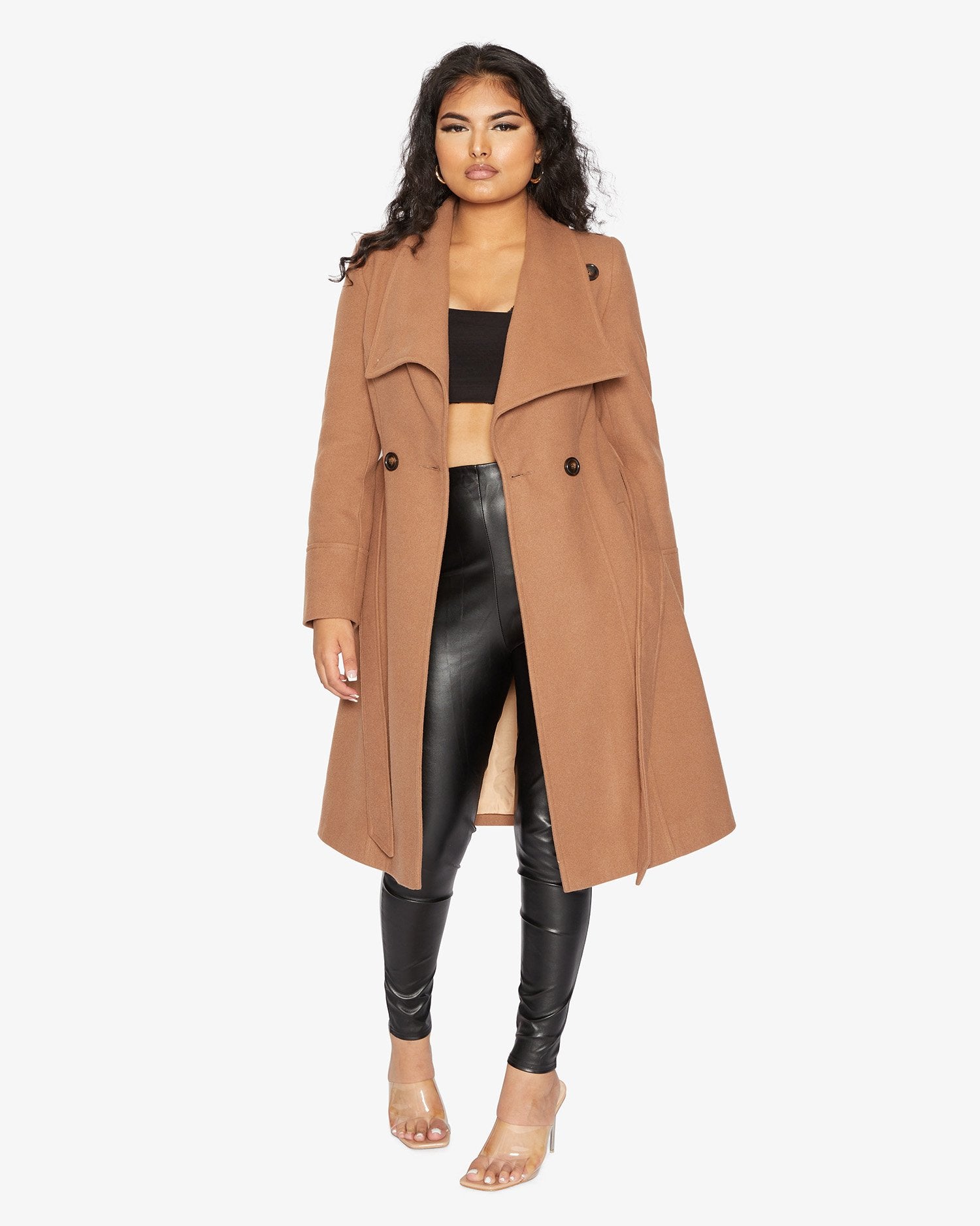 Elegant Waterfall Lapel Double Breasted Duster Coat in a stylish design with a belt and large lapels.