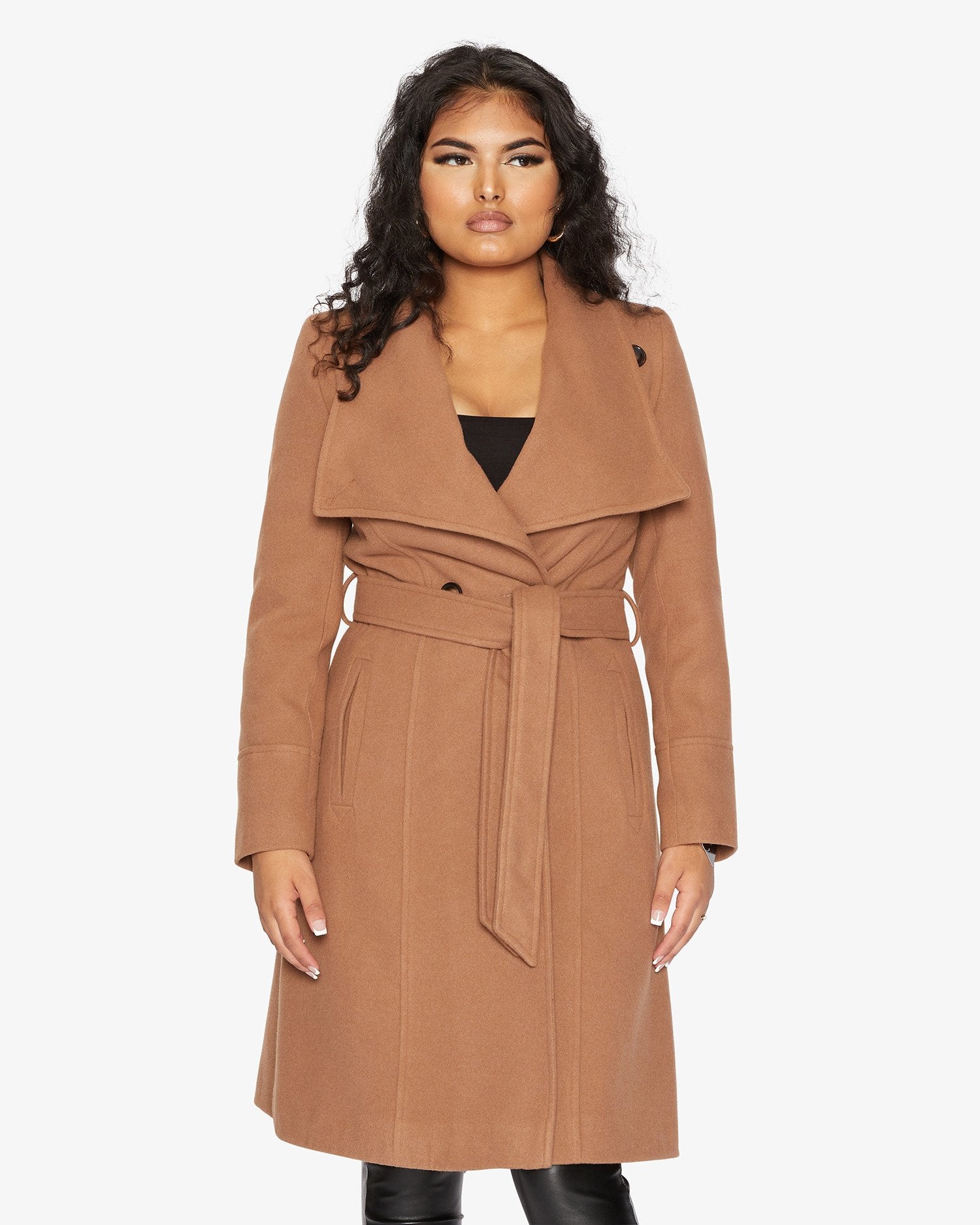 Elegant Waterfall Lapel Double Breasted Duster Coat in a stylish design with a belt and large lapels.