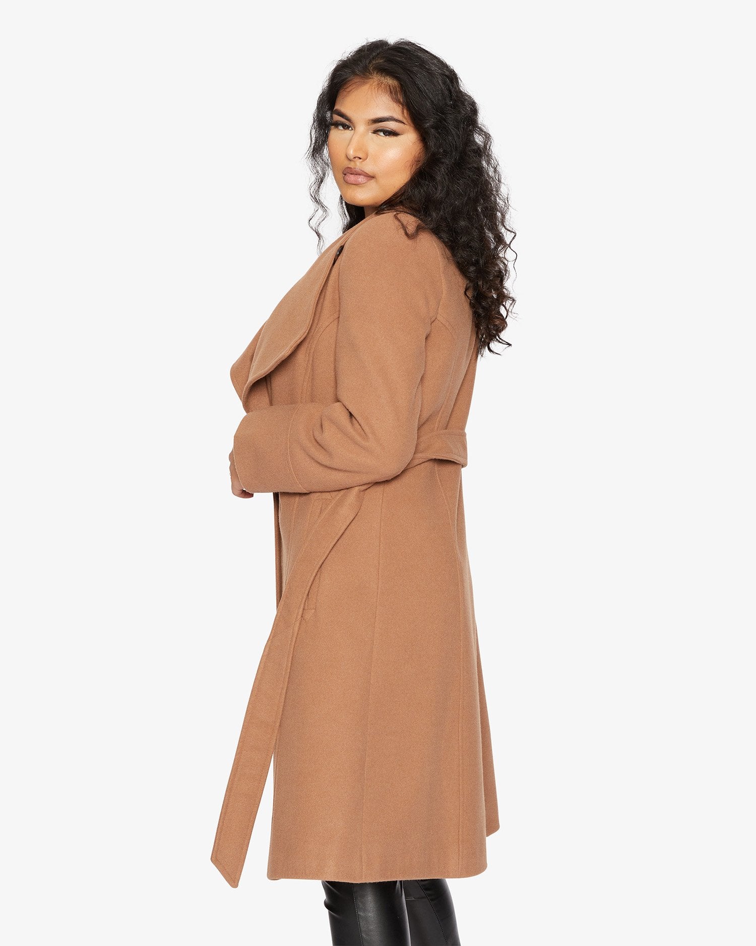 Elegant Waterfall Lapel Double Breasted Duster Coat in a stylish design with a belt and large lapels.