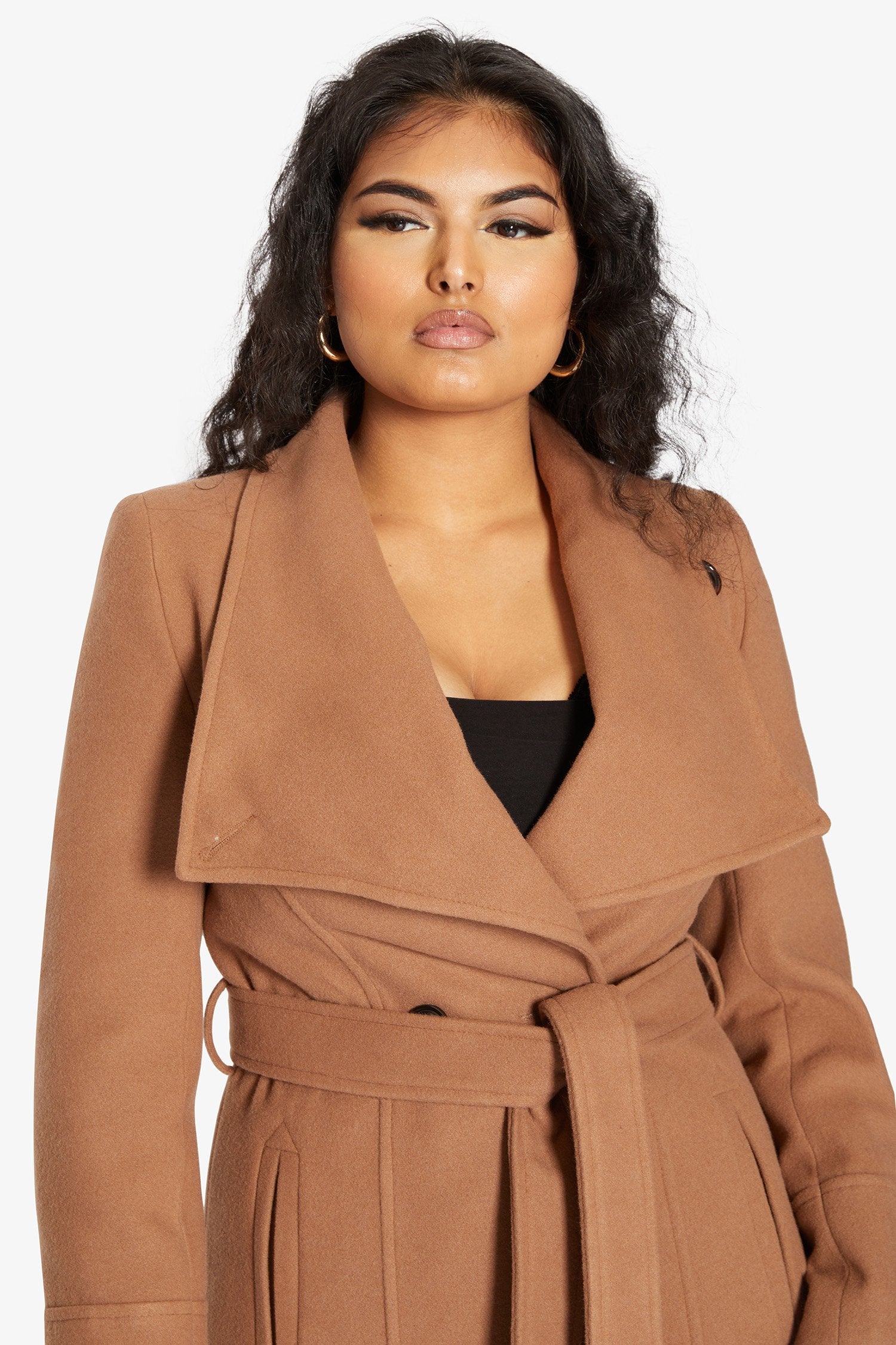 Elegant Waterfall Lapel Double Breasted Duster Coat in a stylish design with a belt and large lapels.