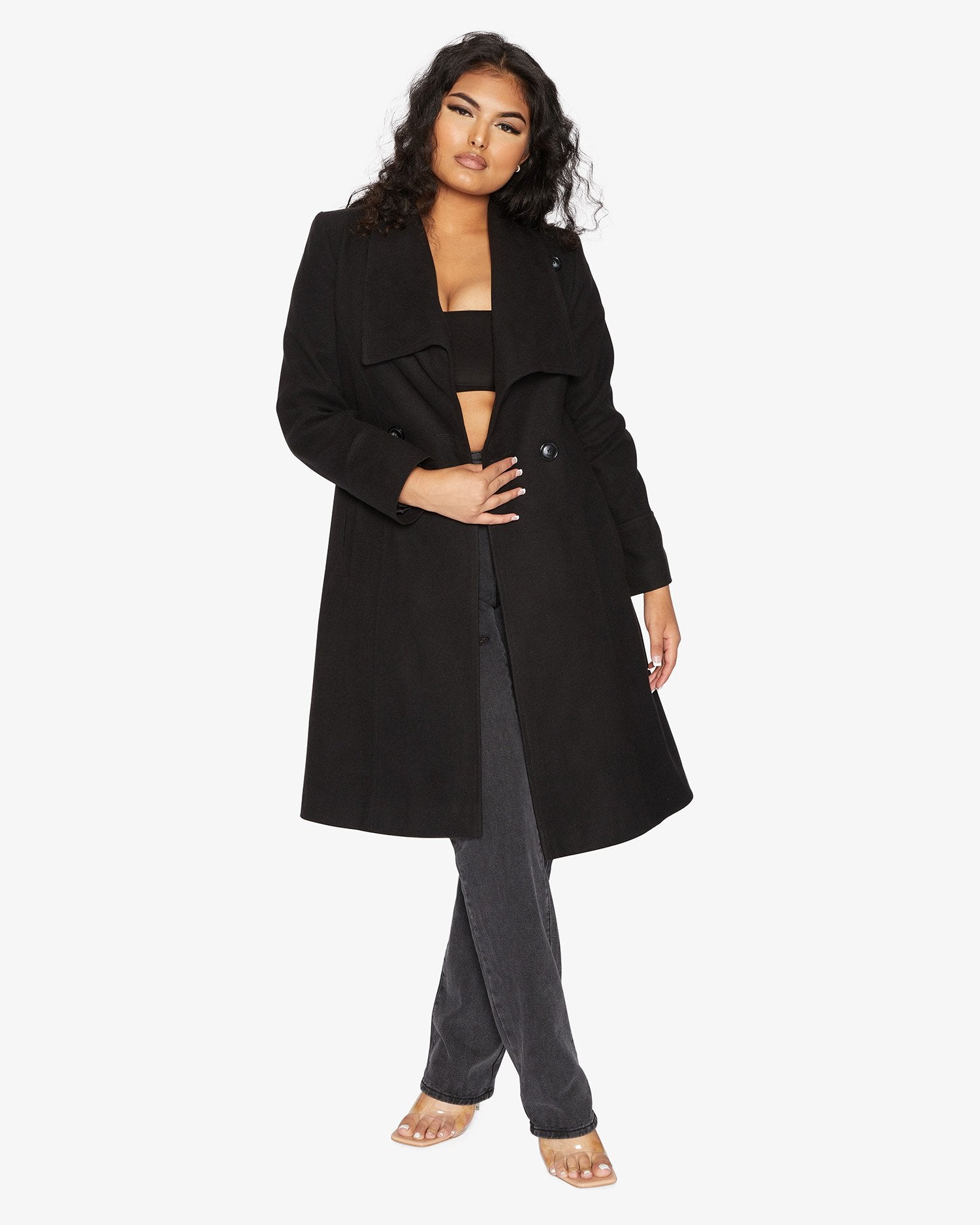 Elegant Waterfall Lapel Double Breasted Duster Coat in a stylish design with a belt and large lapels.