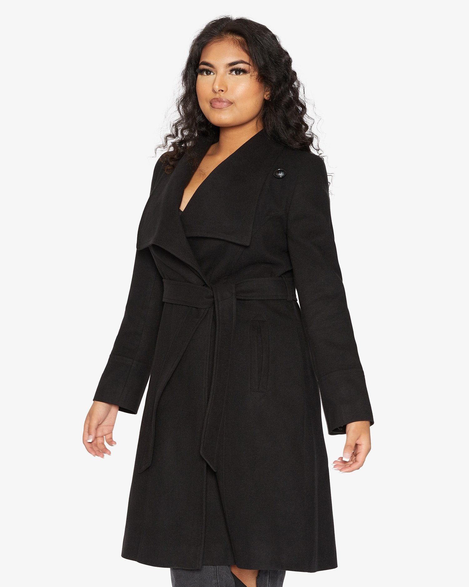 Elegant Waterfall Lapel Double Breasted Duster Coat in a stylish design with a belt and large lapels.