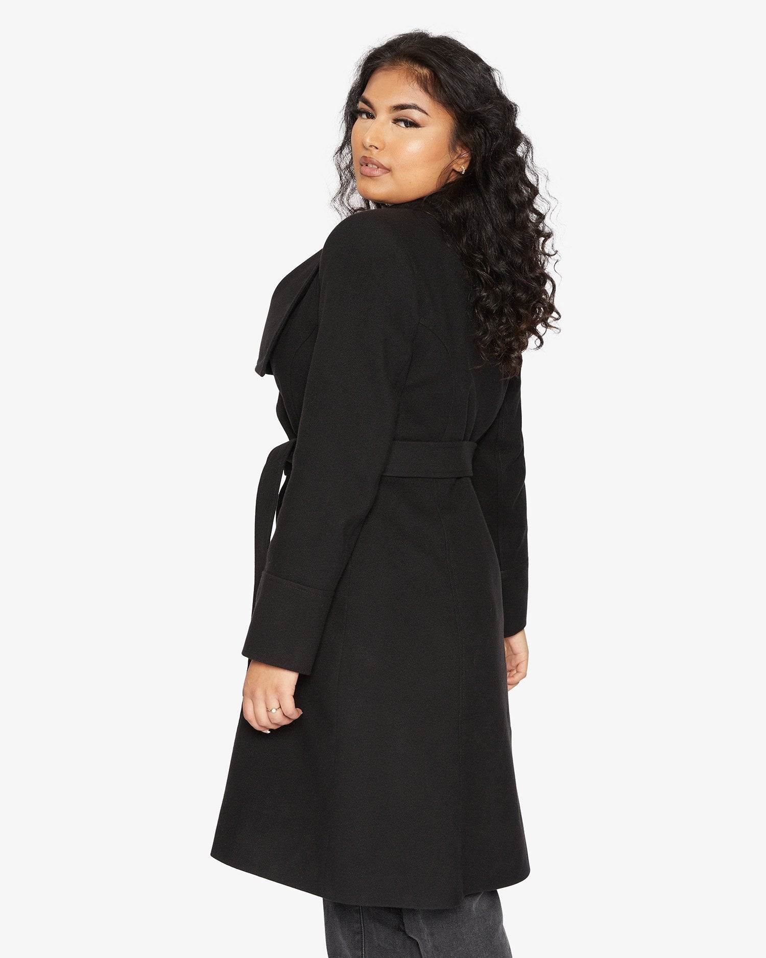 Elegant Waterfall Lapel Double Breasted Duster Coat in a stylish design with a belt and large lapels.