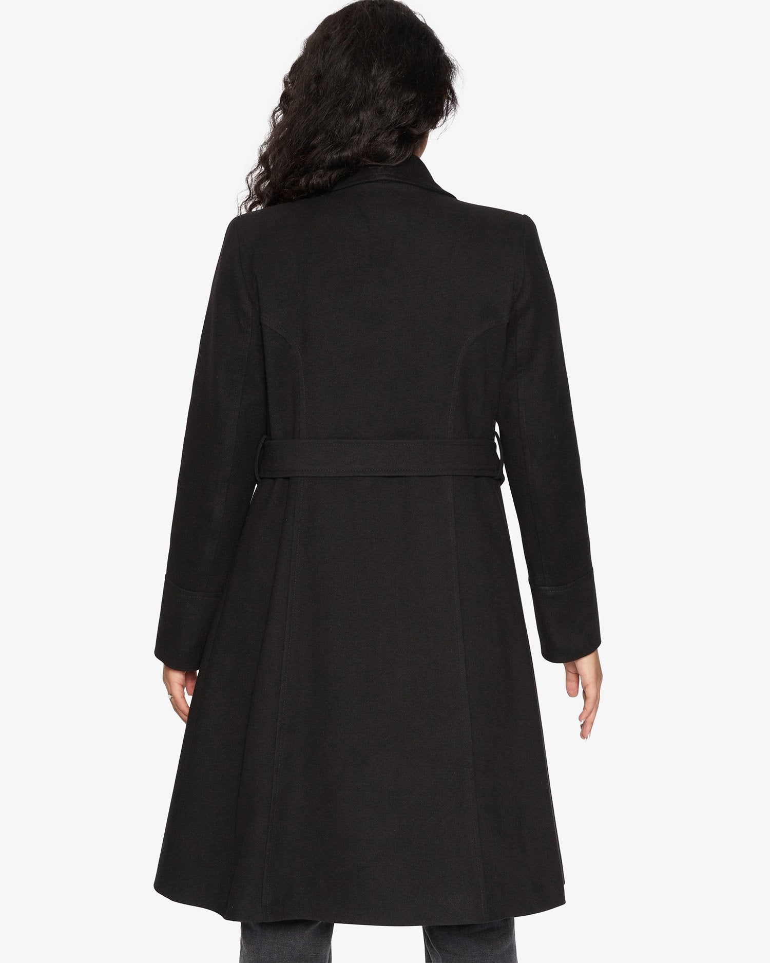 Elegant Waterfall Lapel Double Breasted Duster Coat in a stylish design with a belt and large lapels.