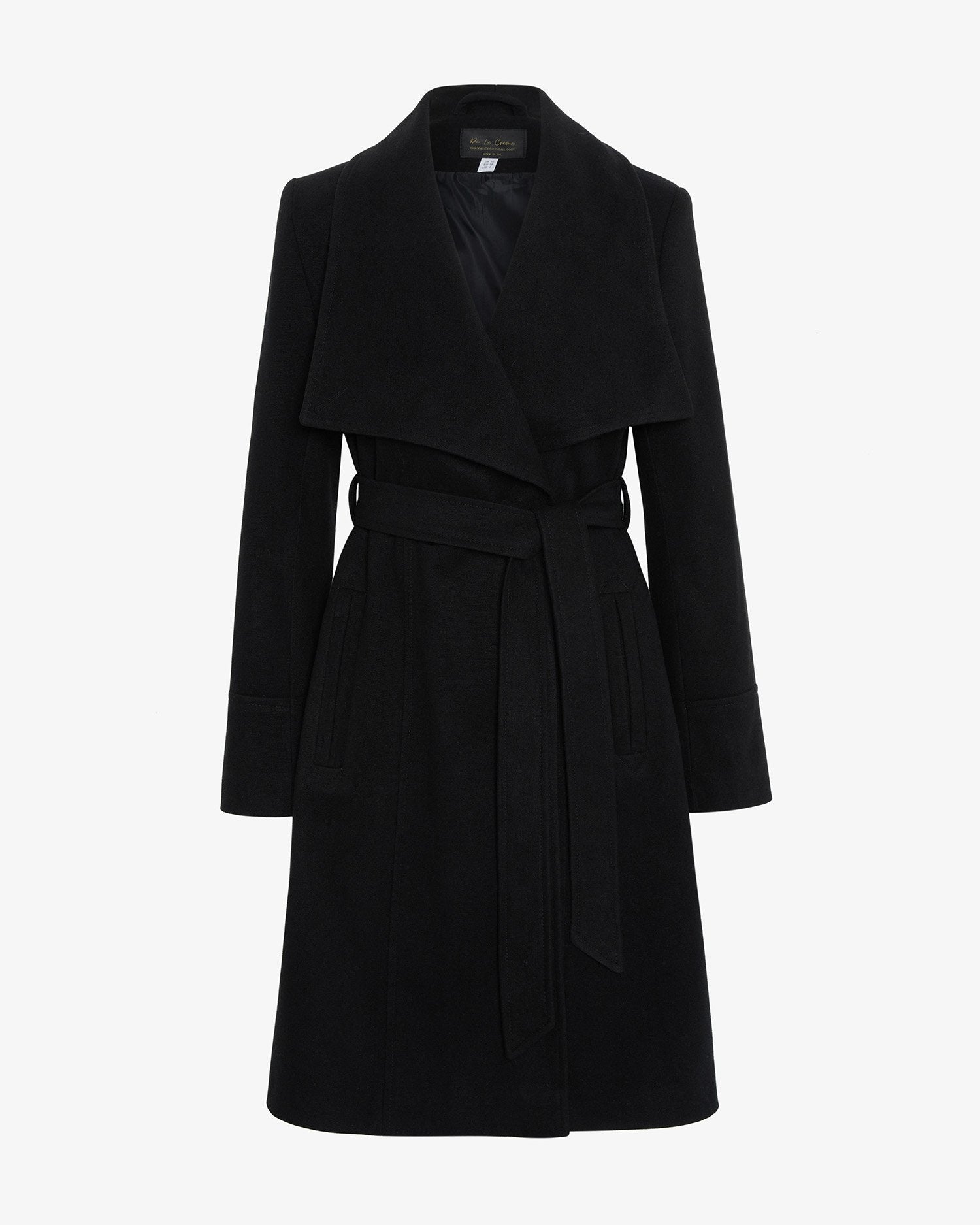 Elegant Waterfall Lapel Double Breasted Duster Coat in a stylish design with a belt and large lapels.