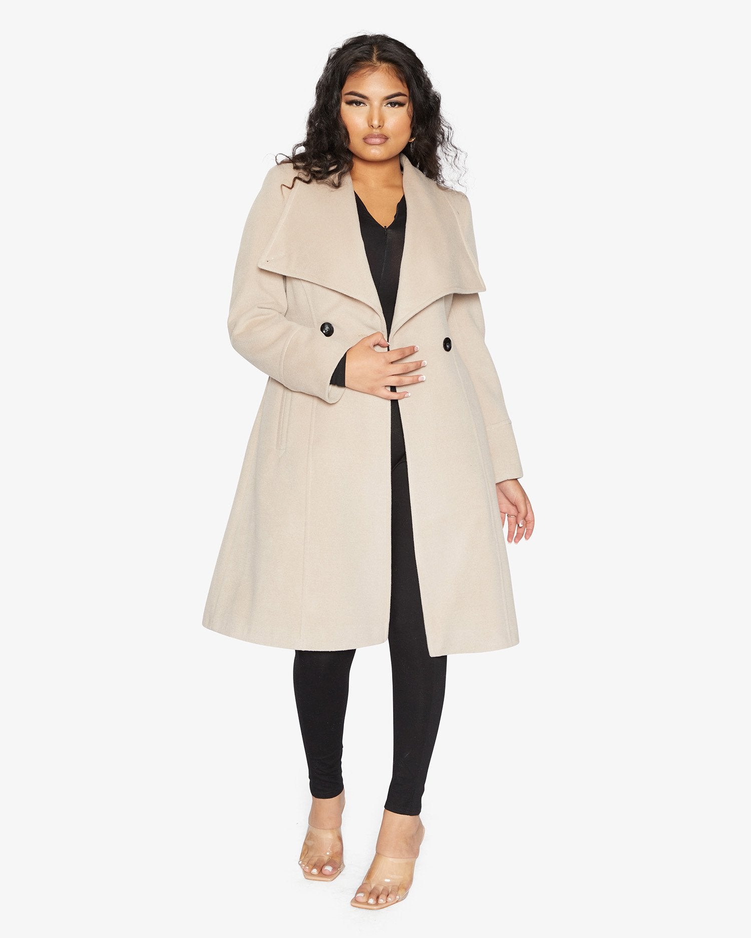 Elegant Waterfall Lapel Double Breasted Duster Coat in a stylish design with a belt and large lapels.