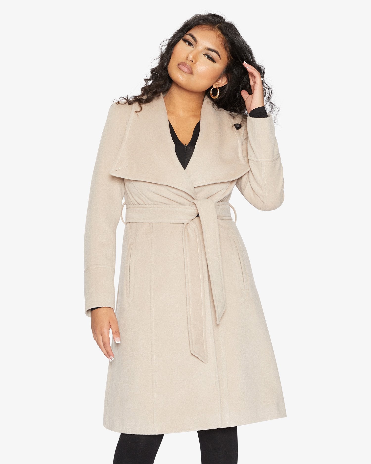 Elegant Waterfall Lapel Double Breasted Duster Coat in a stylish design with a belt and large lapels.