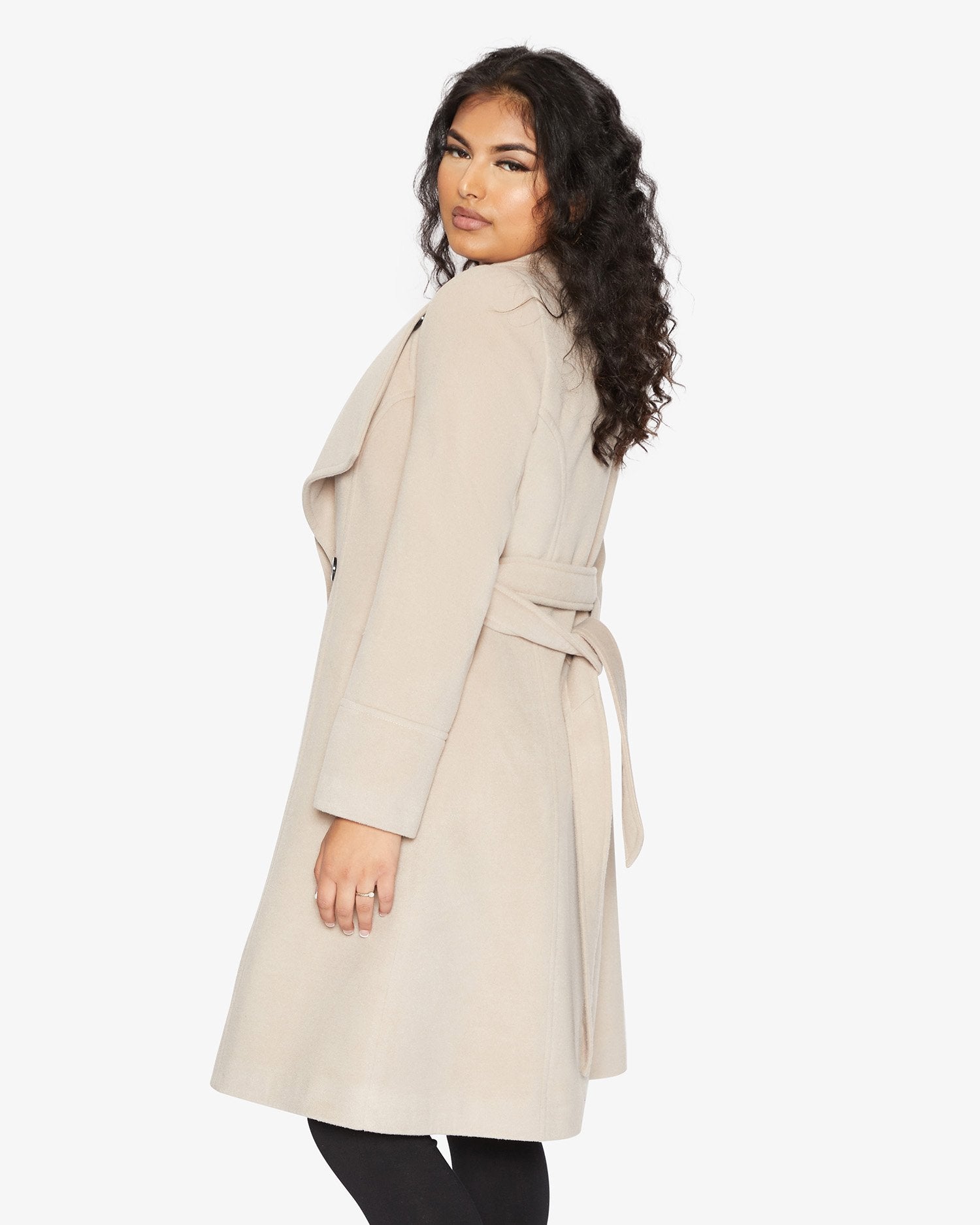 Elegant Waterfall Lapel Double Breasted Duster Coat in a stylish design with a belt and large lapels.