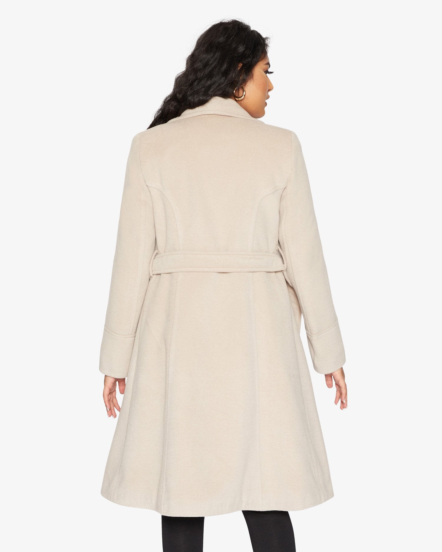 Elegant Waterfall Lapel Double Breasted Duster Coat in a stylish design with a belt and large lapels.