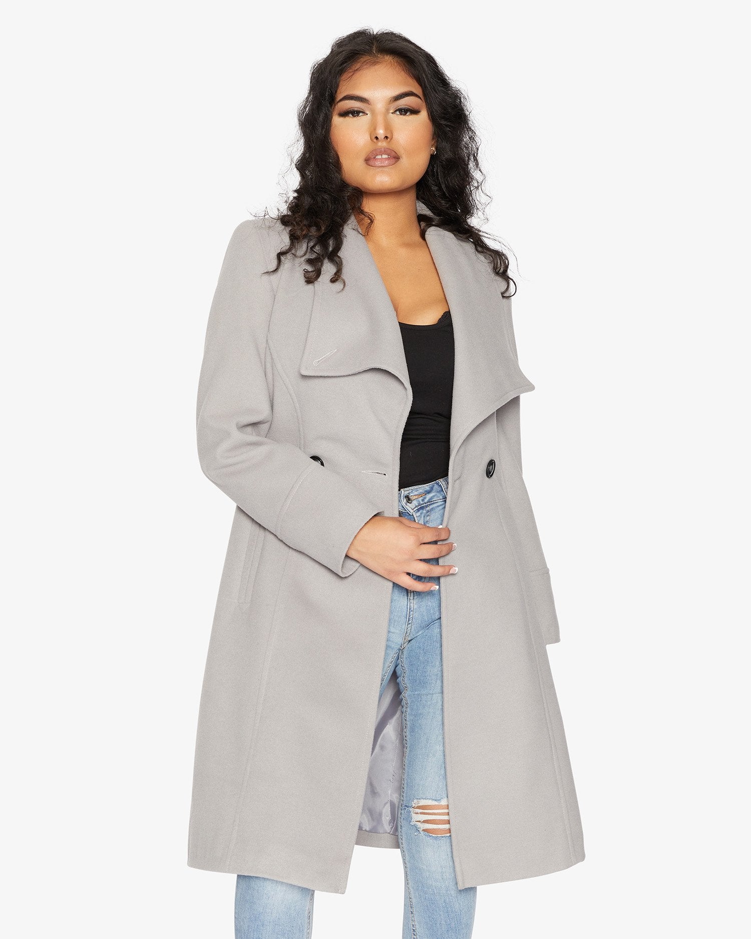 Elegant Waterfall Lapel Double Breasted Duster Coat in a stylish design with a belt and large lapels.