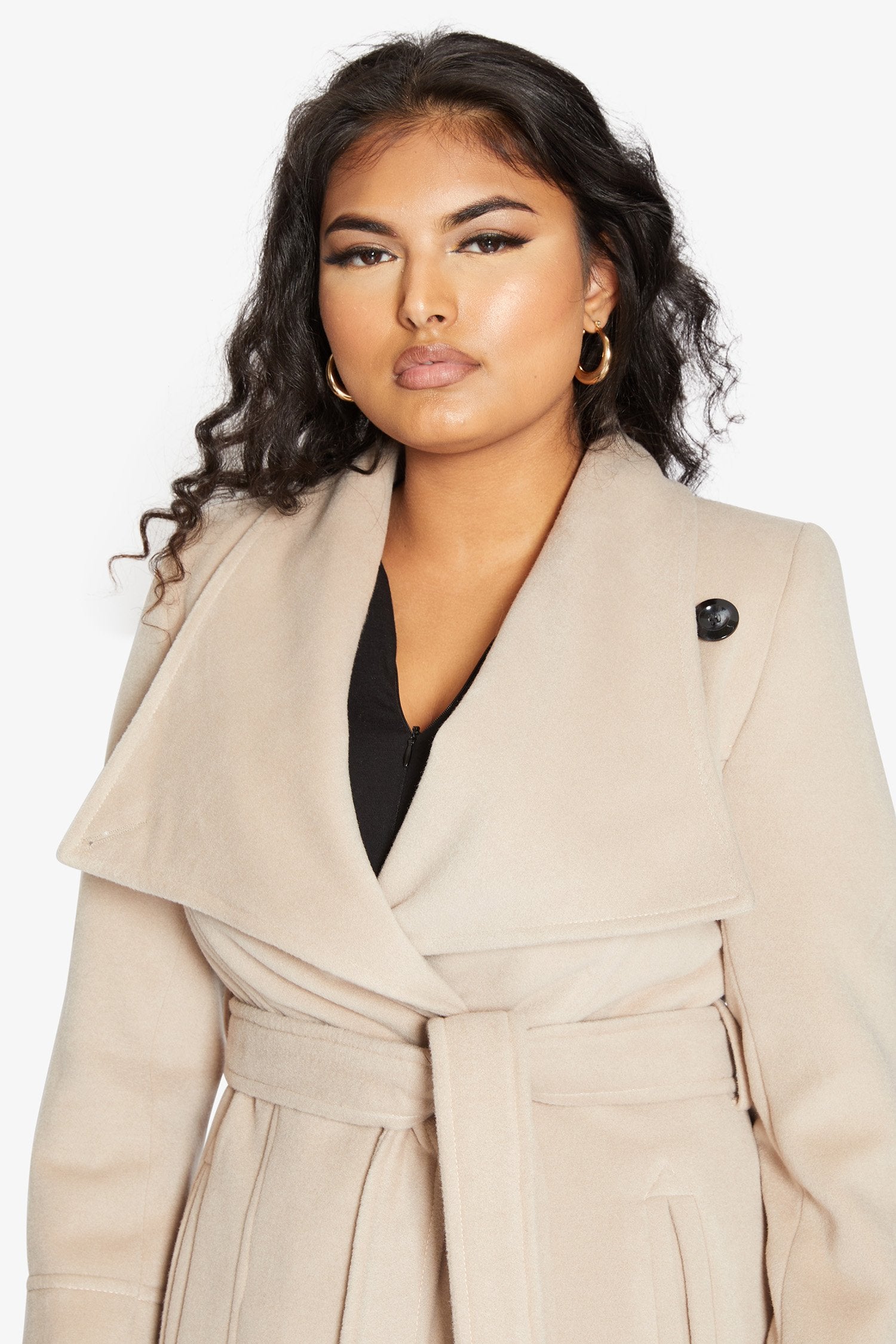 Elegant Waterfall Lapel Double Breasted Duster Coat in a stylish design with a belt and large lapels.