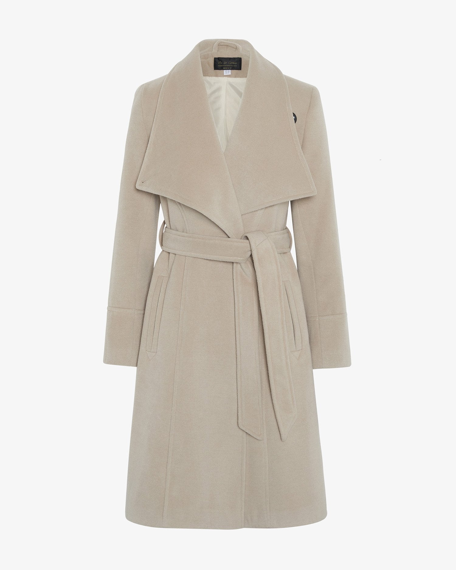 Elegant Waterfall Lapel Double Breasted Duster Coat in a stylish design with a belt and large lapels.