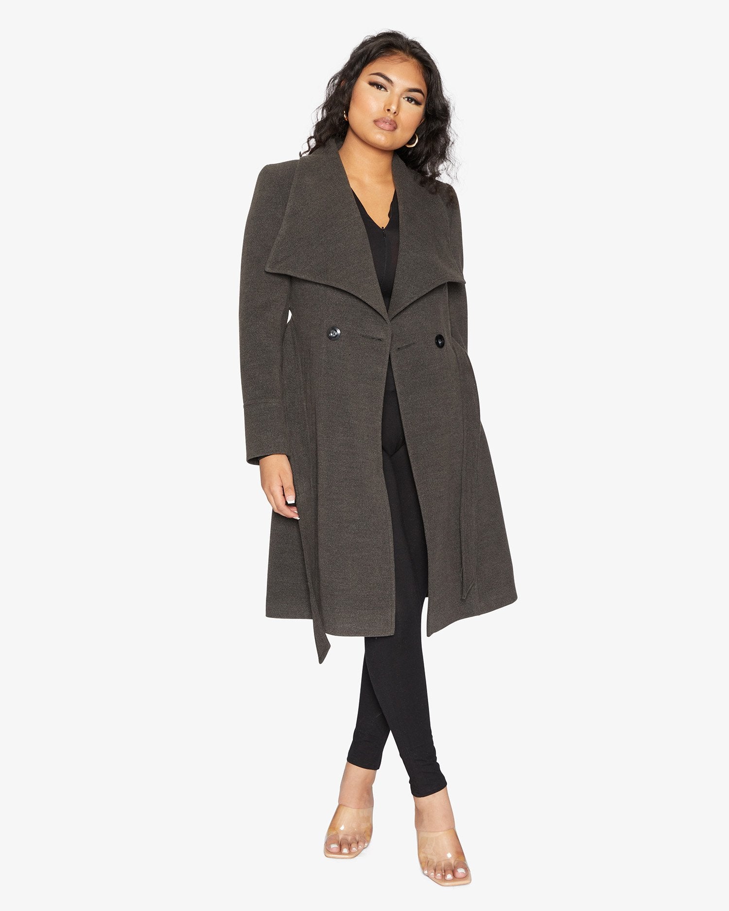 Elegant Waterfall Lapel Double Breasted Duster Coat in a stylish design with a belt and large lapels.