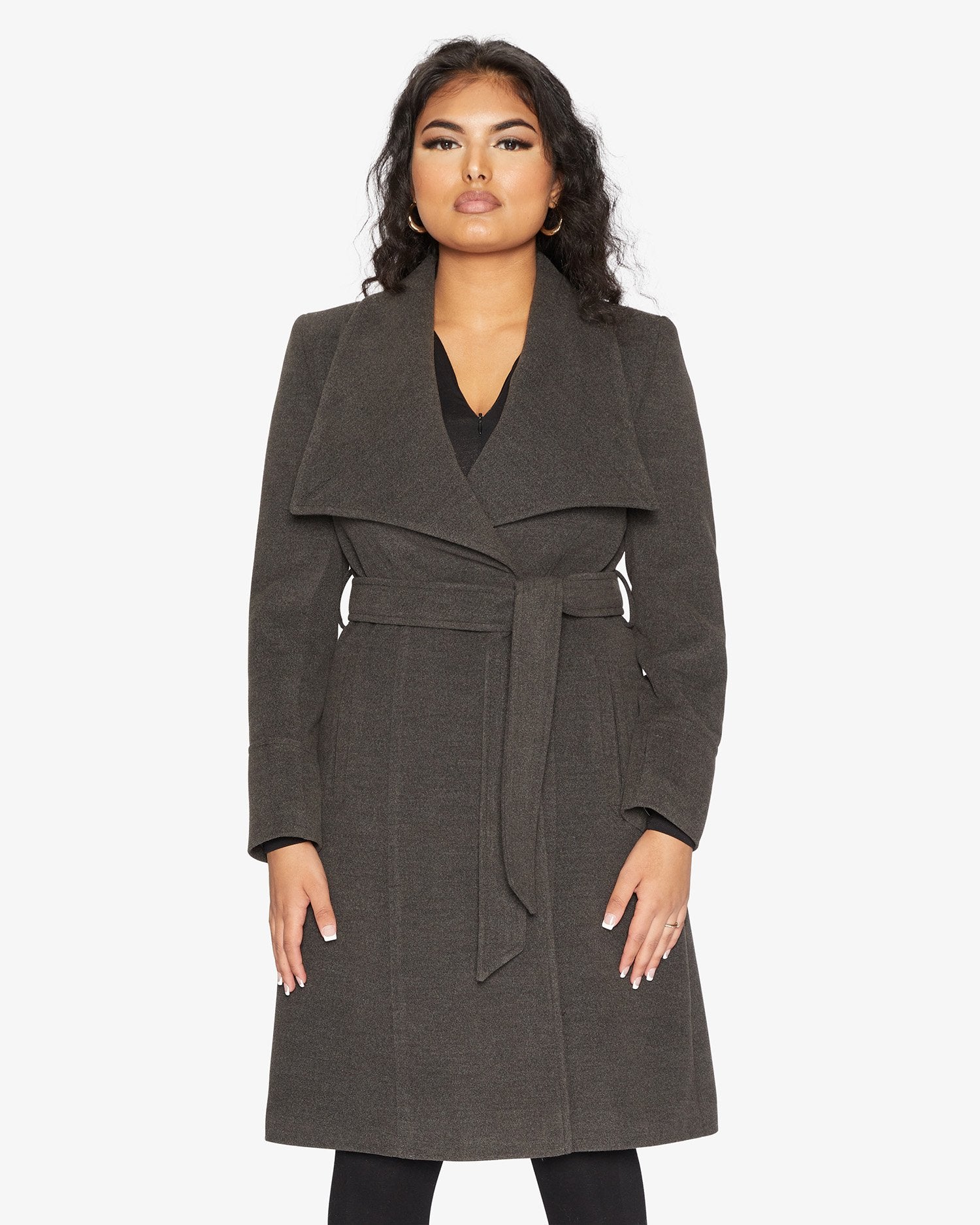 Elegant Waterfall Lapel Double Breasted Duster Coat in a stylish design with a belt and large lapels.