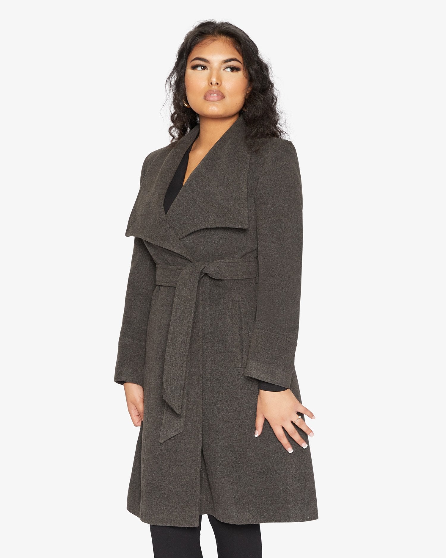 Elegant Waterfall Lapel Double Breasted Duster Coat in a stylish design with a belt and large lapels.