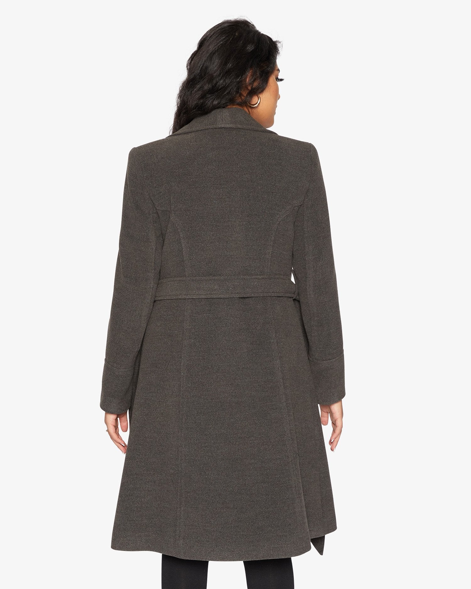 Elegant Waterfall Lapel Double Breasted Duster Coat in a stylish design with a belt and large lapels.